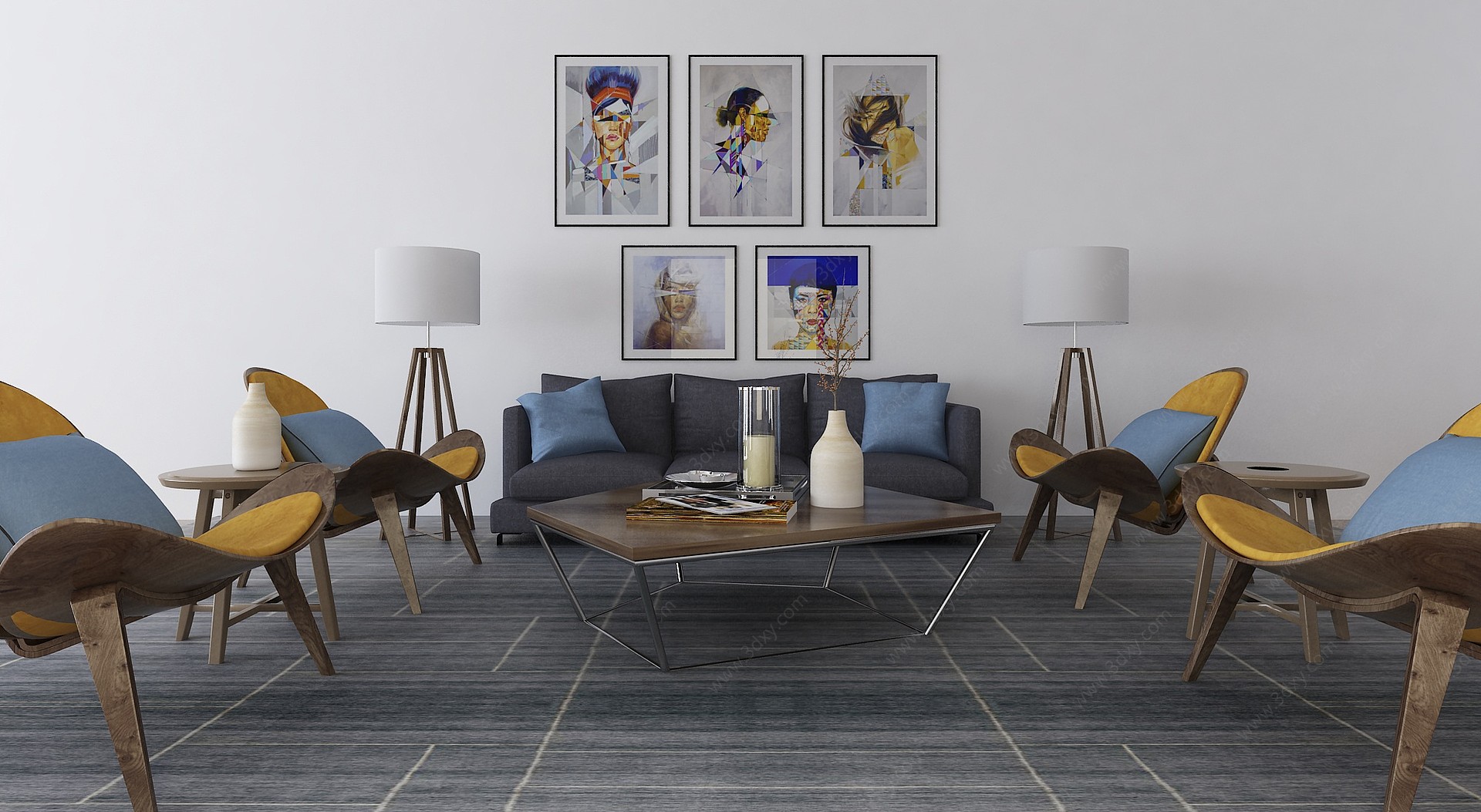 现代客厅沙发壁画3D模型