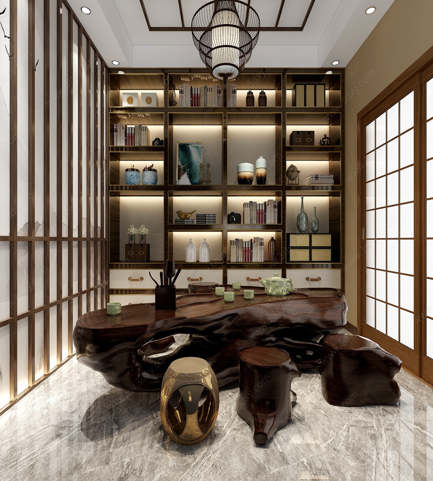 新中式茶室装饰柜茶桌3D模型
