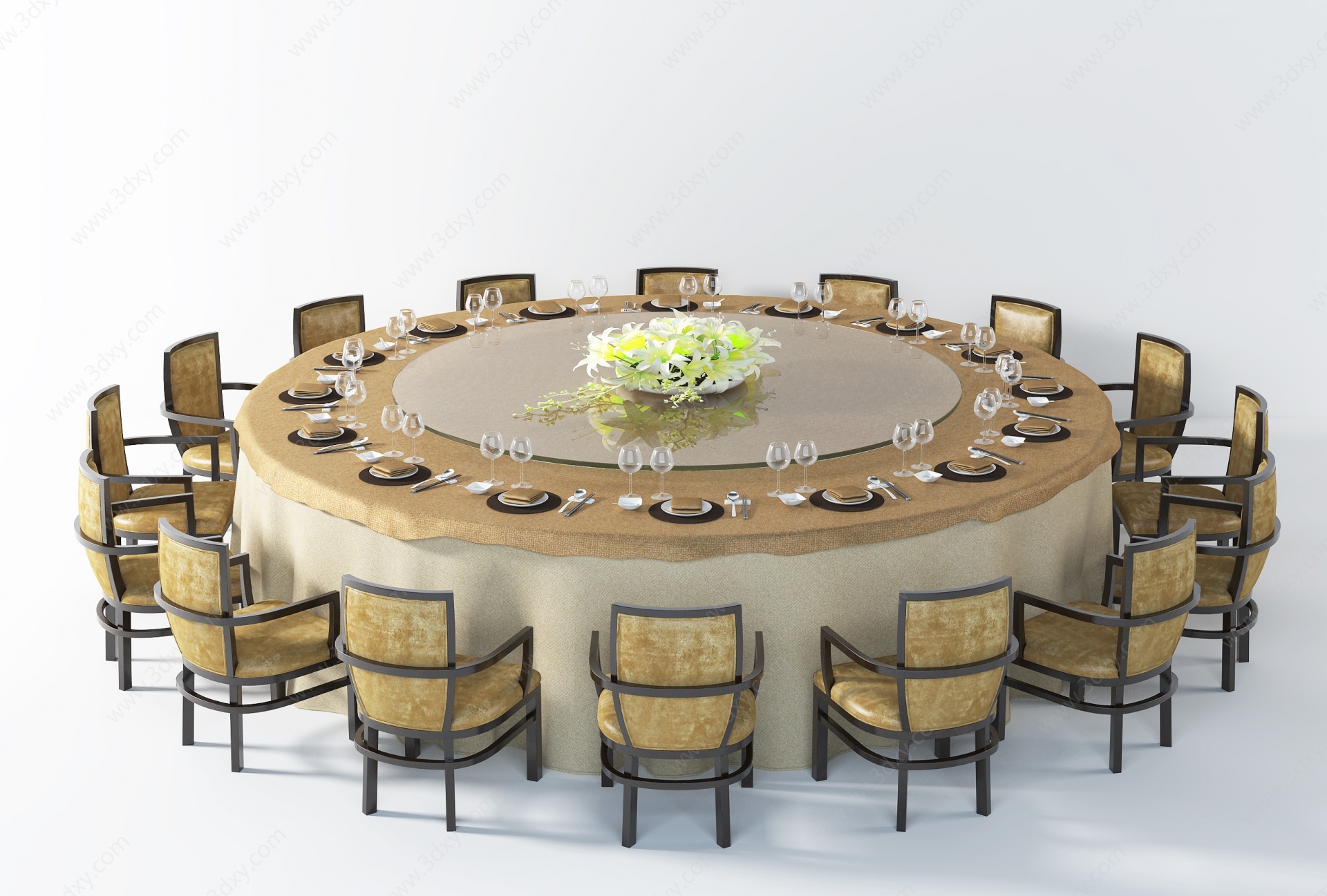 新中式包间多人餐桌3D模型