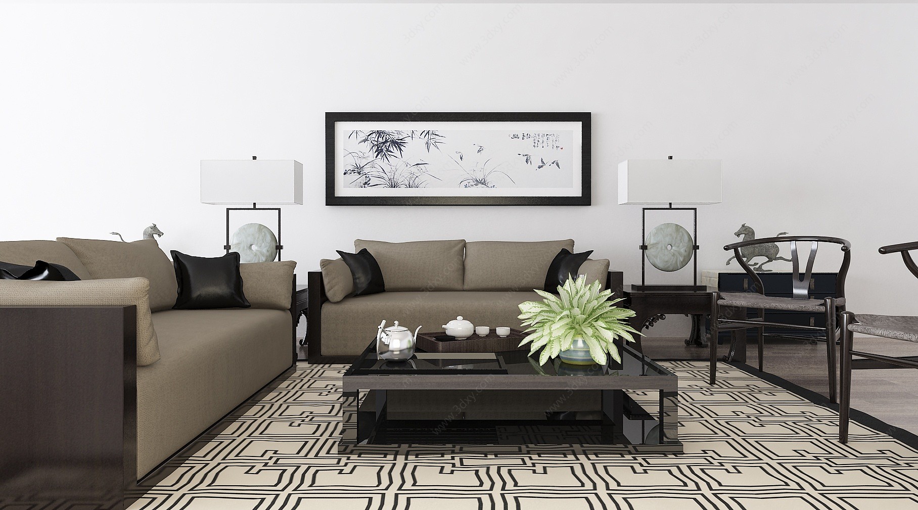 新中式沙发壁画茶几3D模型