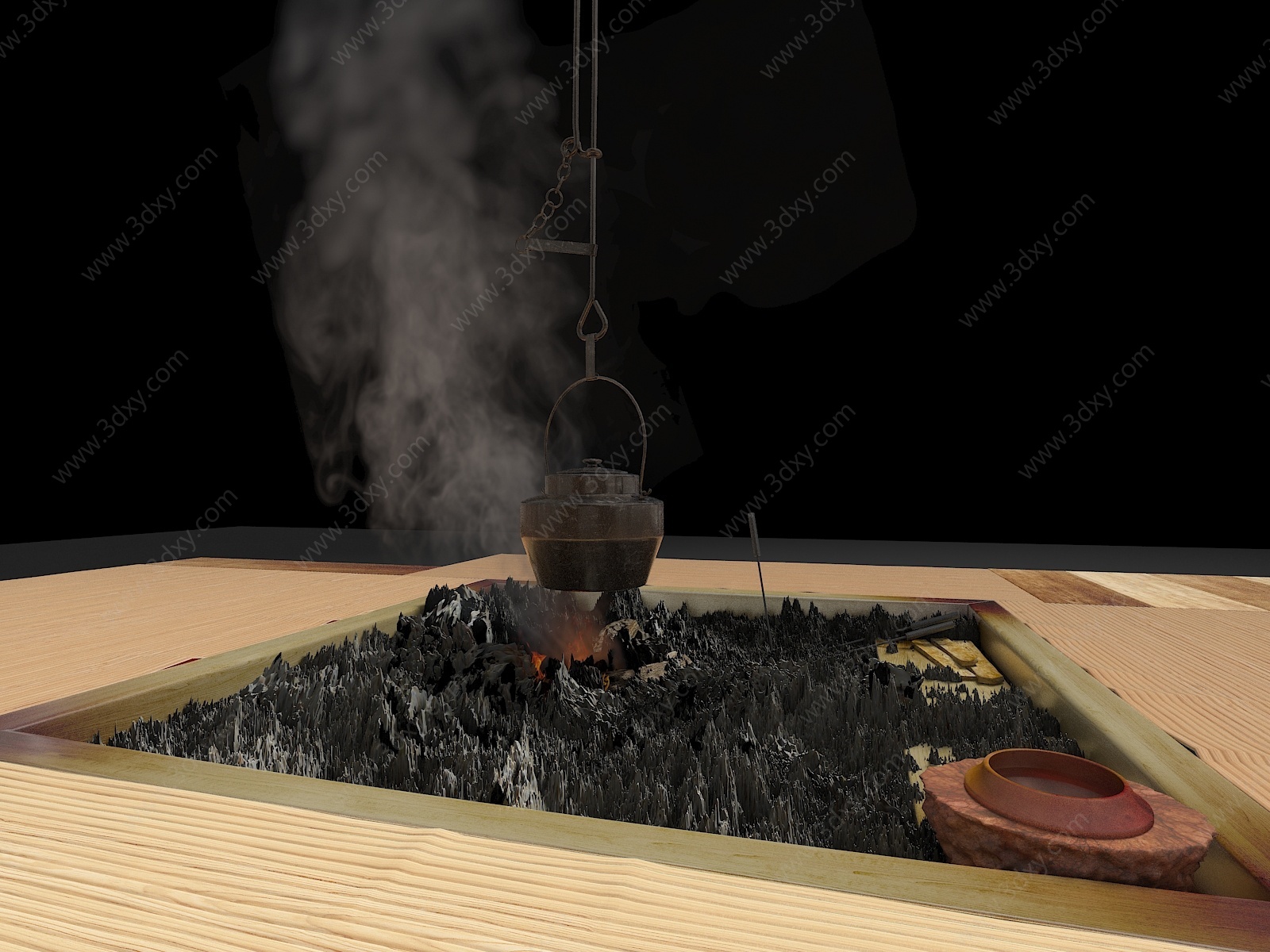 火堆火盆烟雾碳火柴篝火3D模型