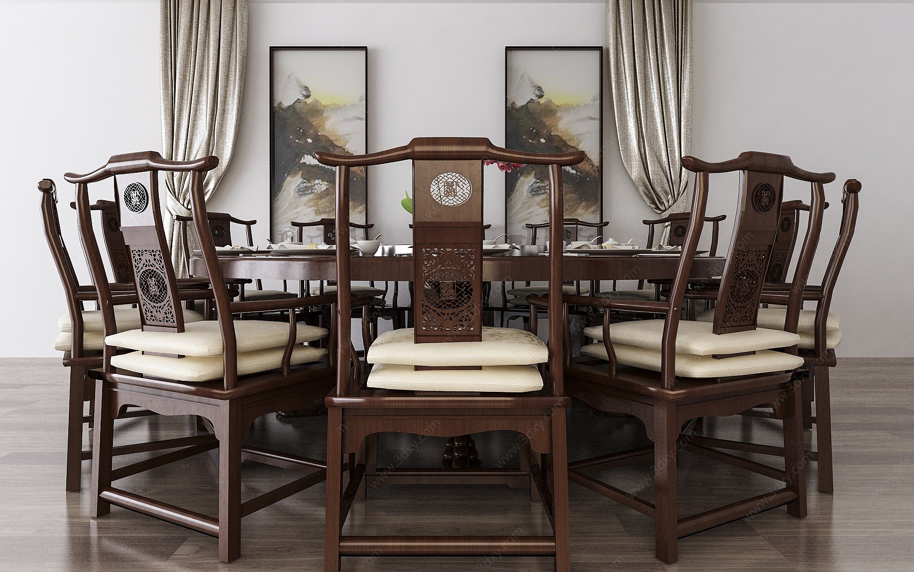 中式餐桌椅壁画窗帘3D模型