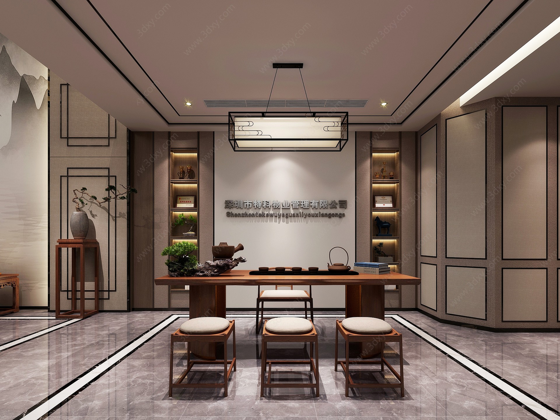 中式别墅客餐厅起居室3D模型