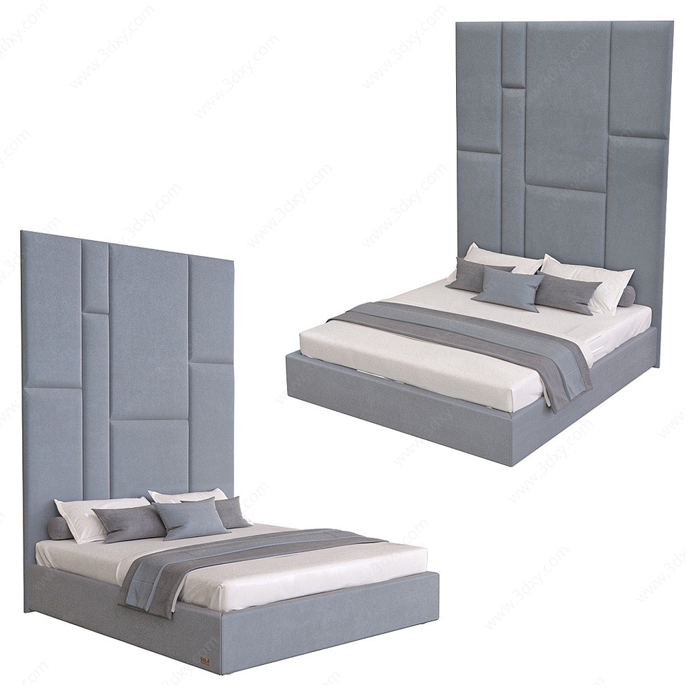 北欧床头墙饰一体双人床3D模型