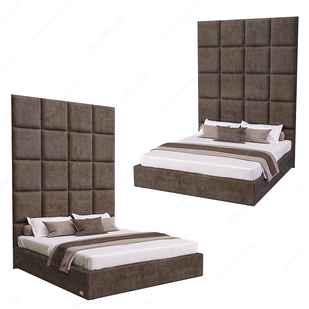 美式墙饰一体双人床3D模型