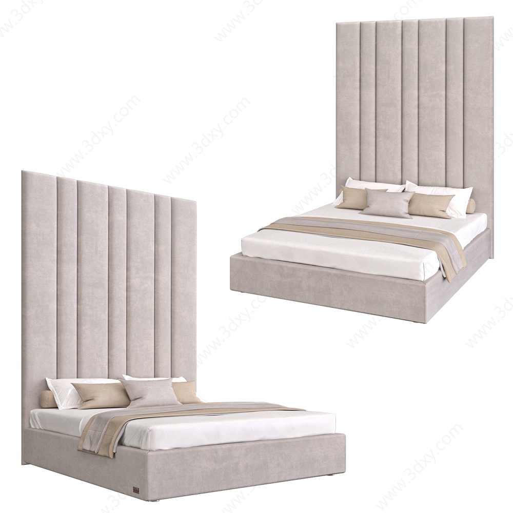 现代墙饰一体双人床3D模型