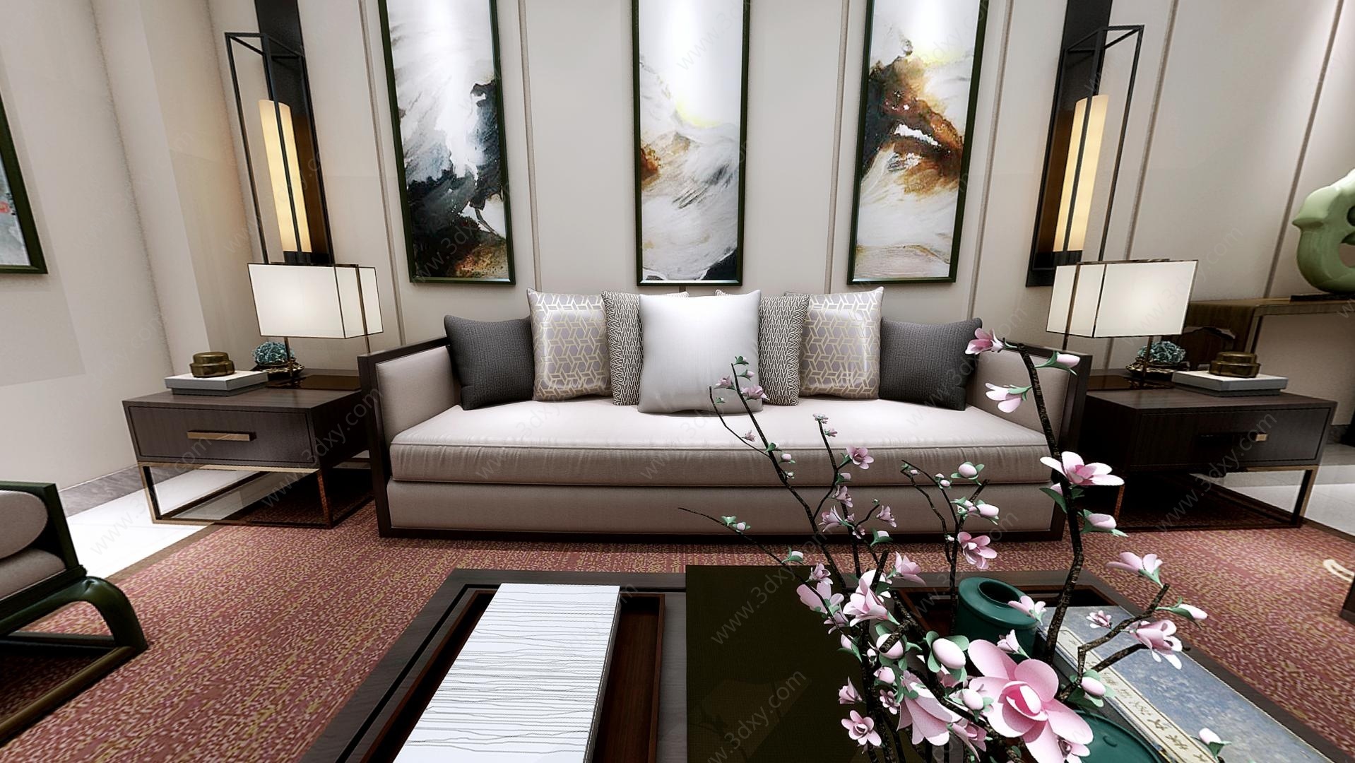 新中式轻奢沙发茶几3D模型