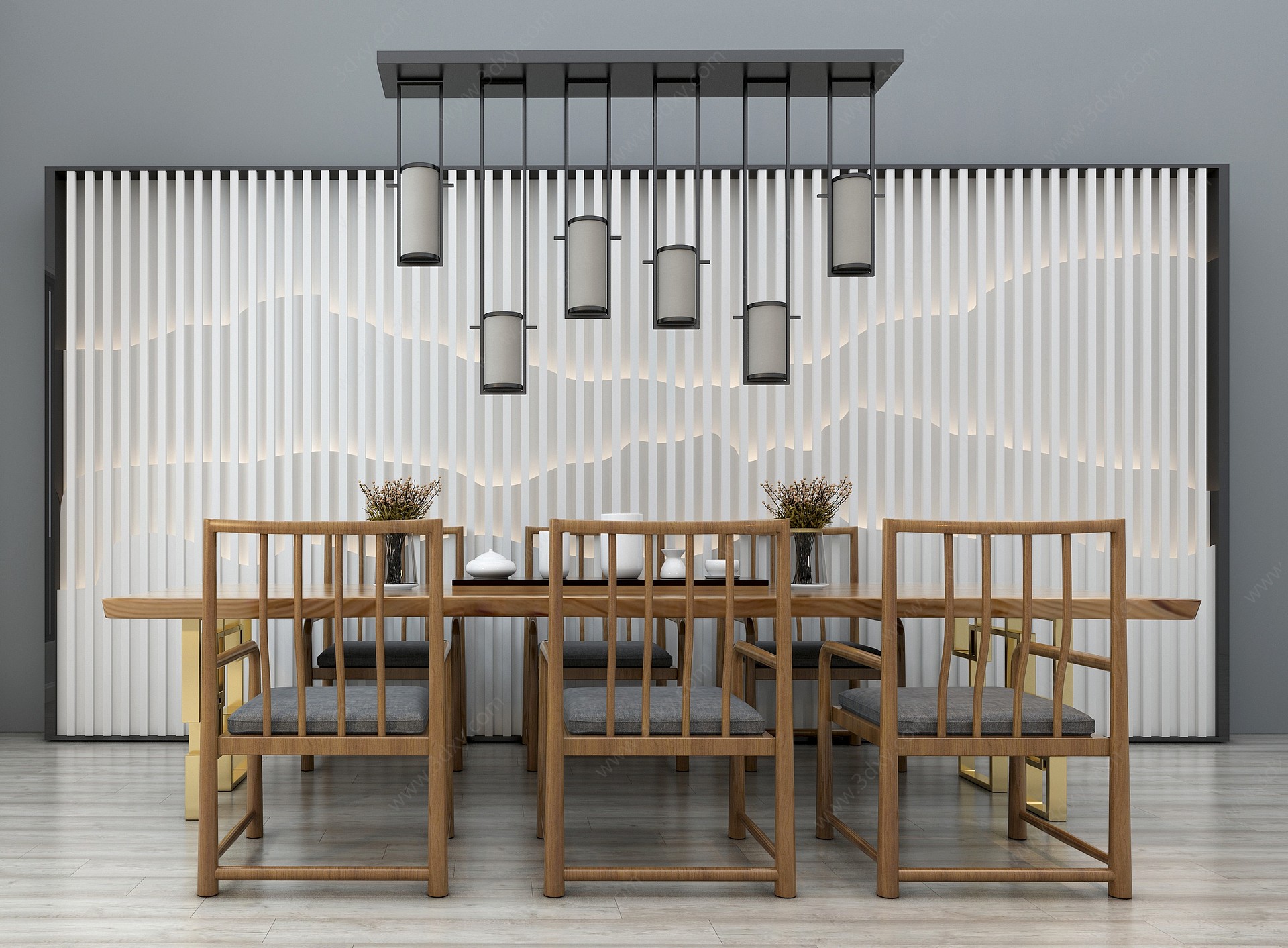 新中式茶桌椅背景墙3D模型