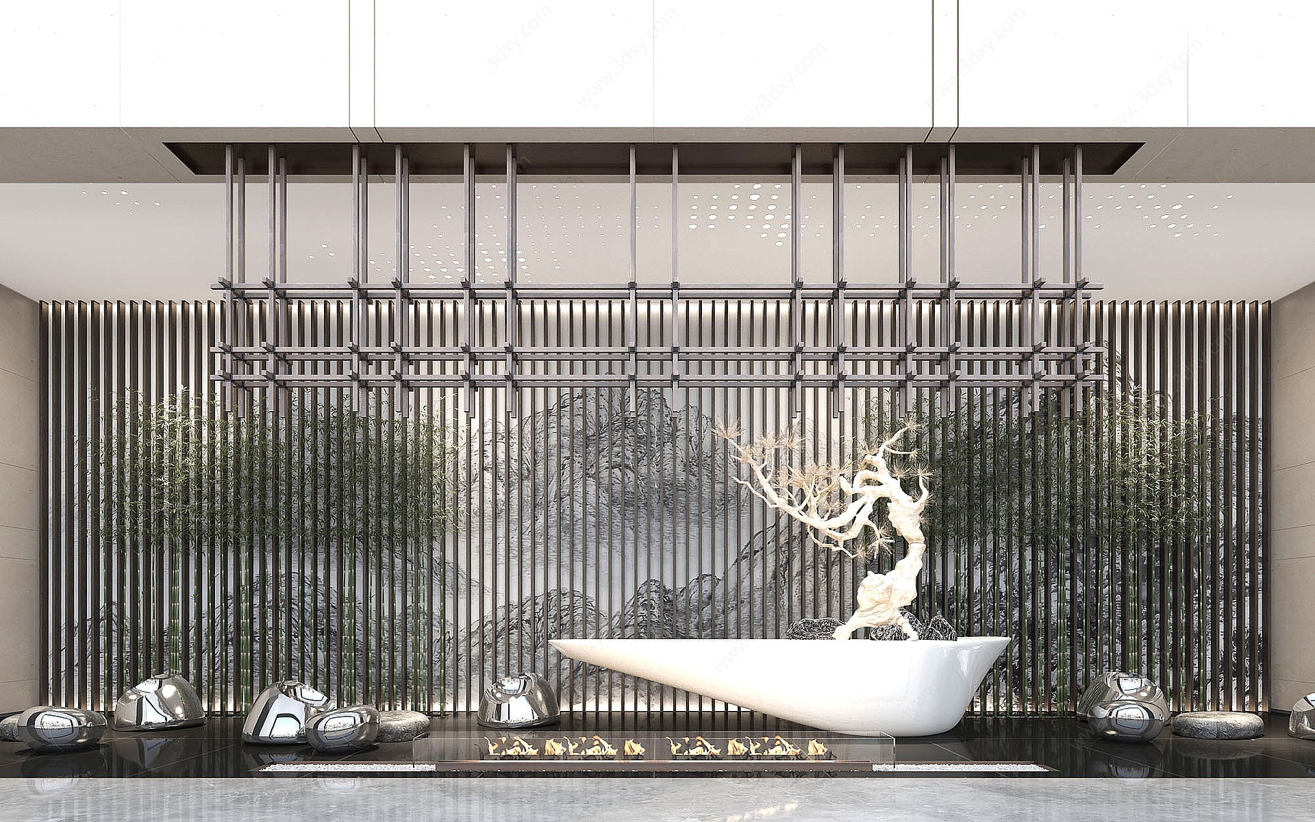 新中式酒店会所景观小品3D模型