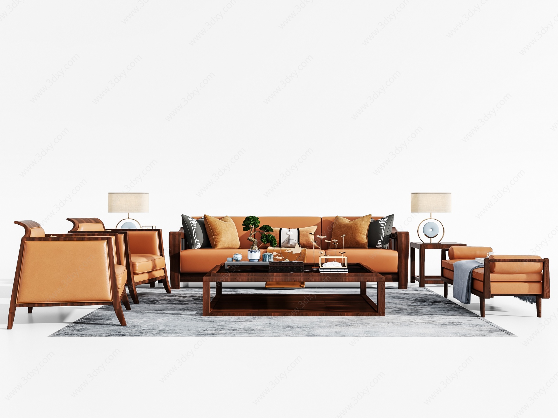 新中式皮革沙发茶几组合3D模型