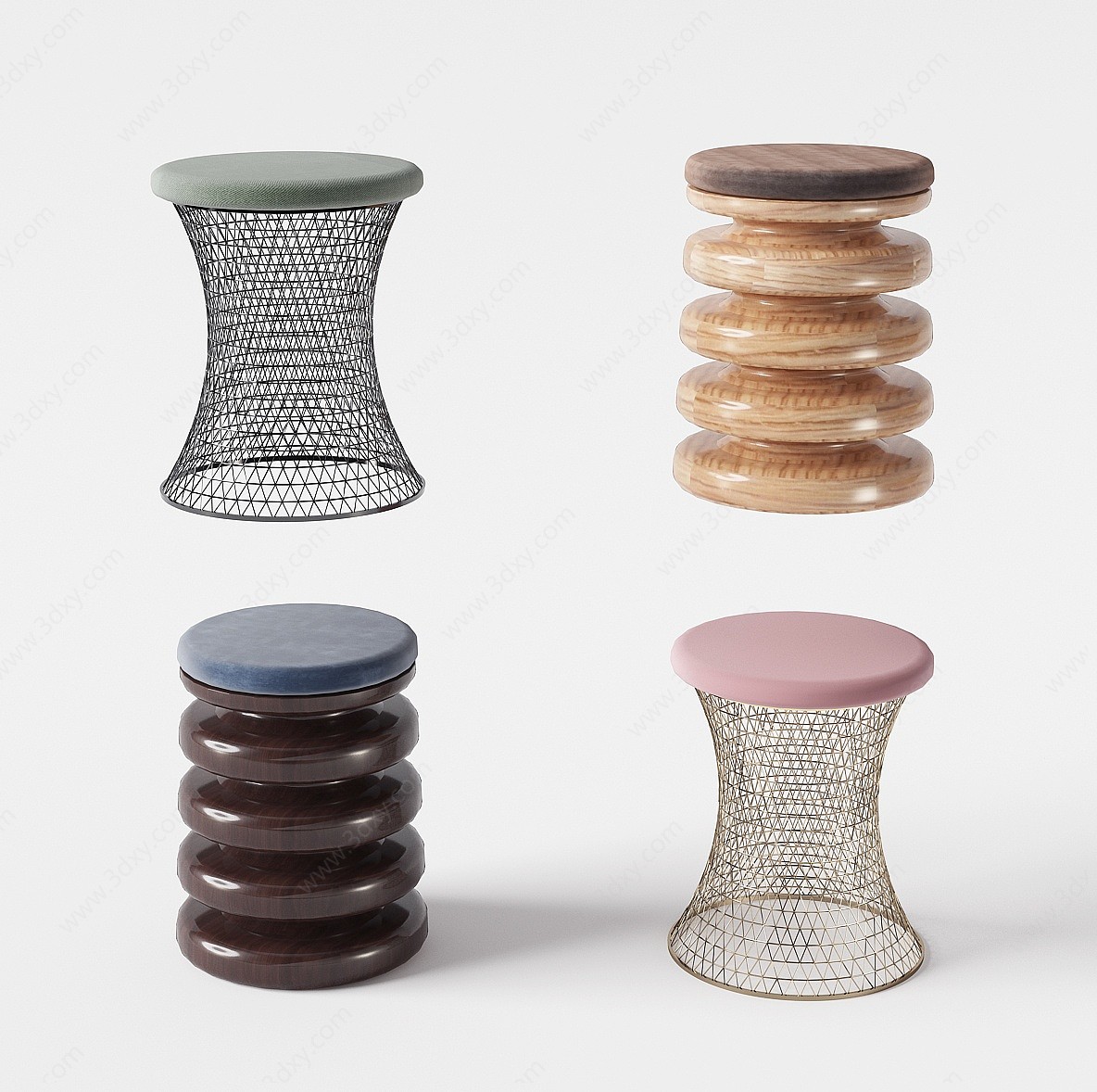 现代金属凳实木凳子组合3D模型