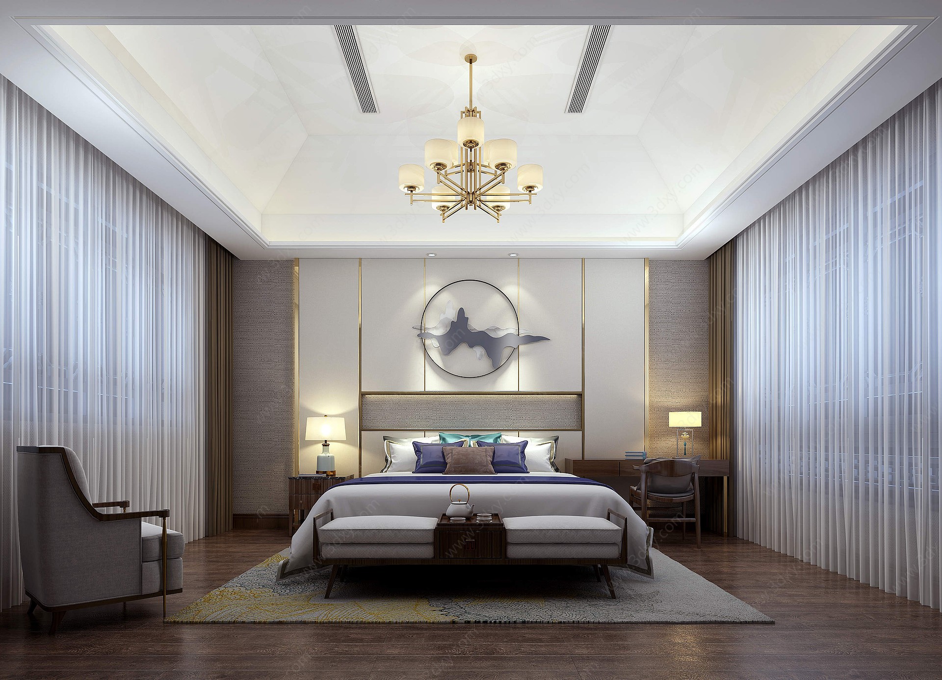 新中式卧室吊灯床3D模型