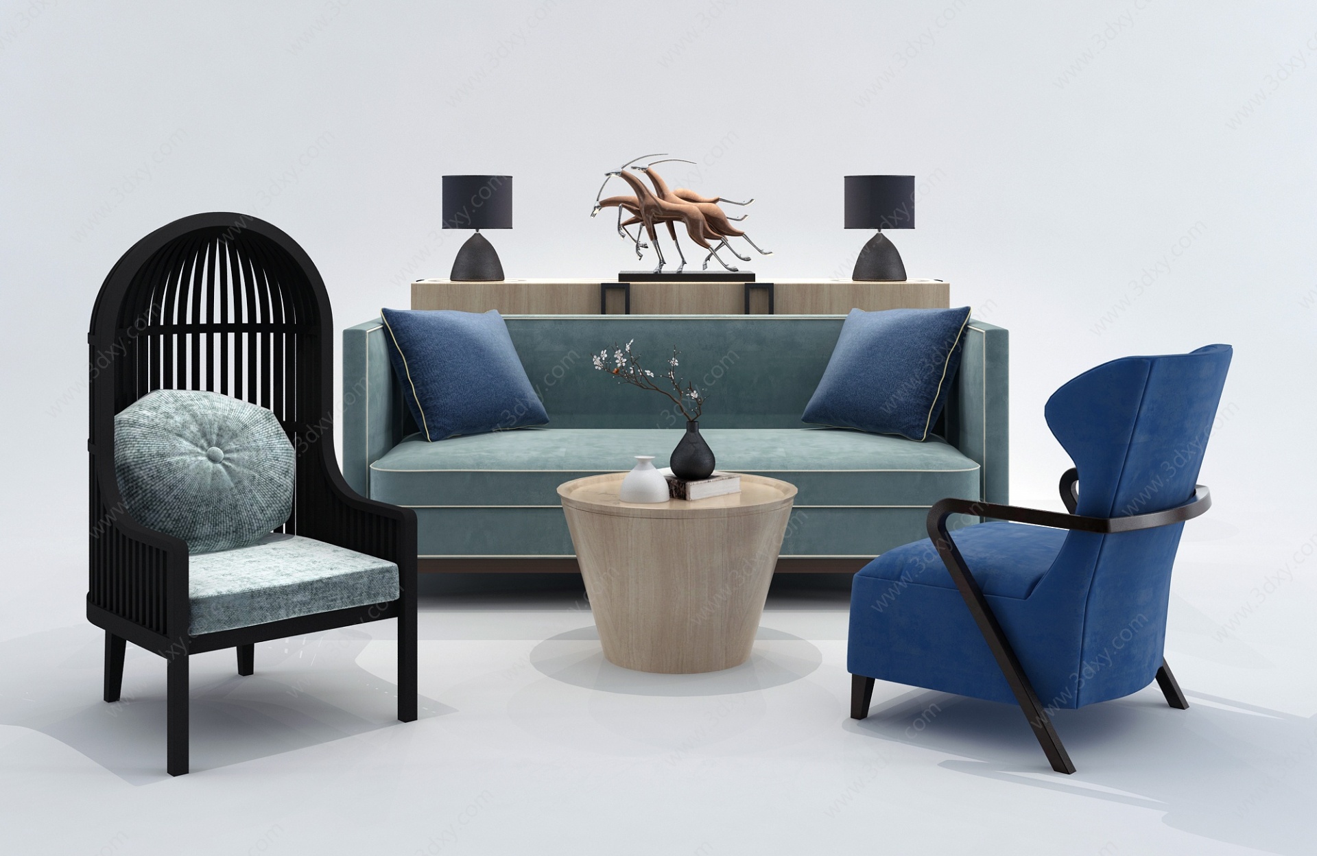 现代沙发茶几组单椅背景柜3D模型