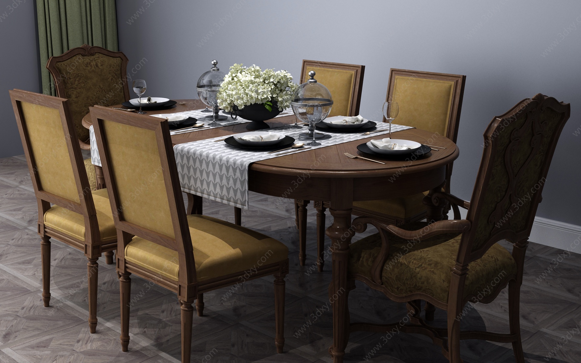 美式餐桌餐桌椅六人桌3D模型