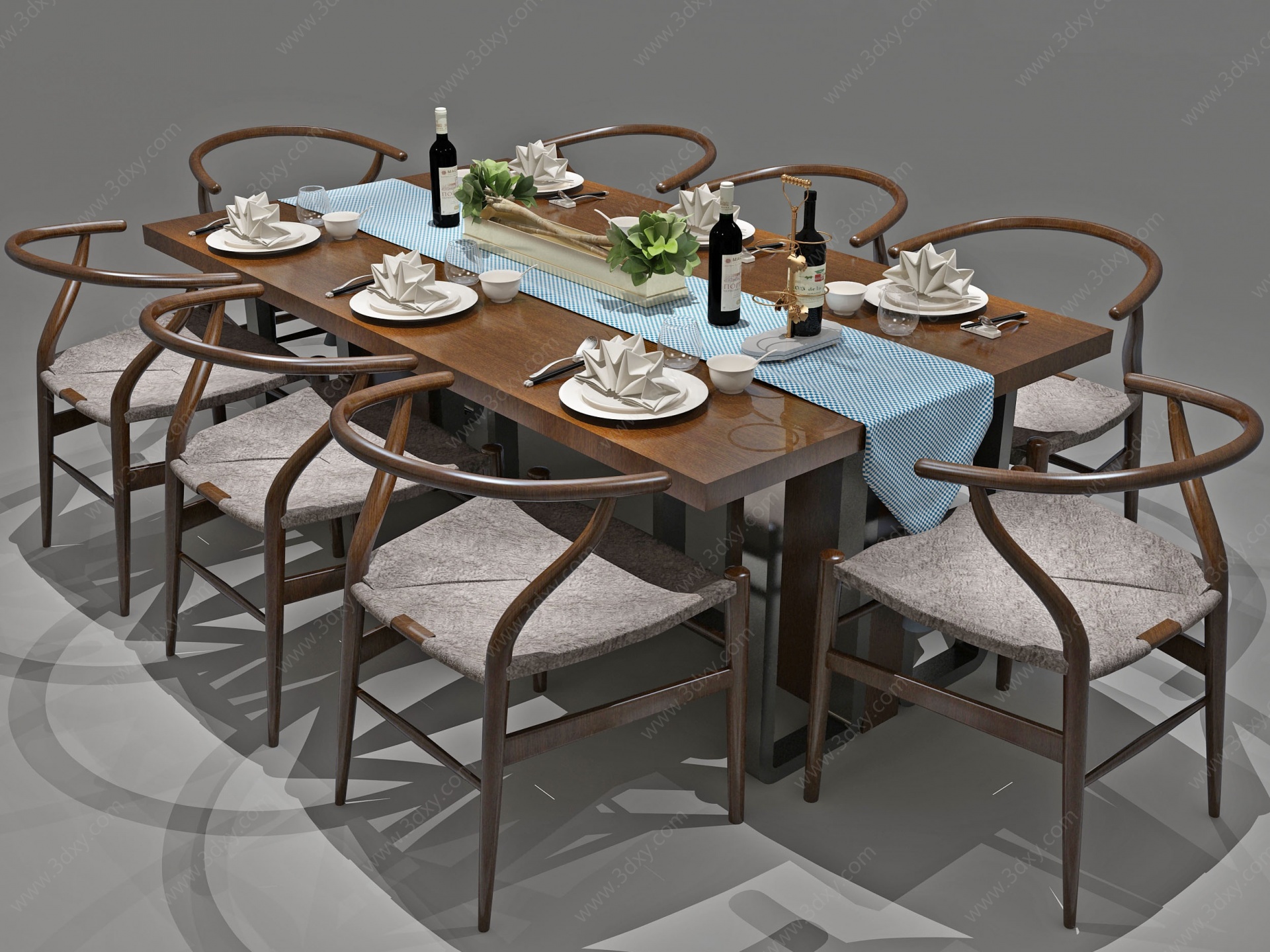 新中式餐桌餐桌椅六人桌3D模型