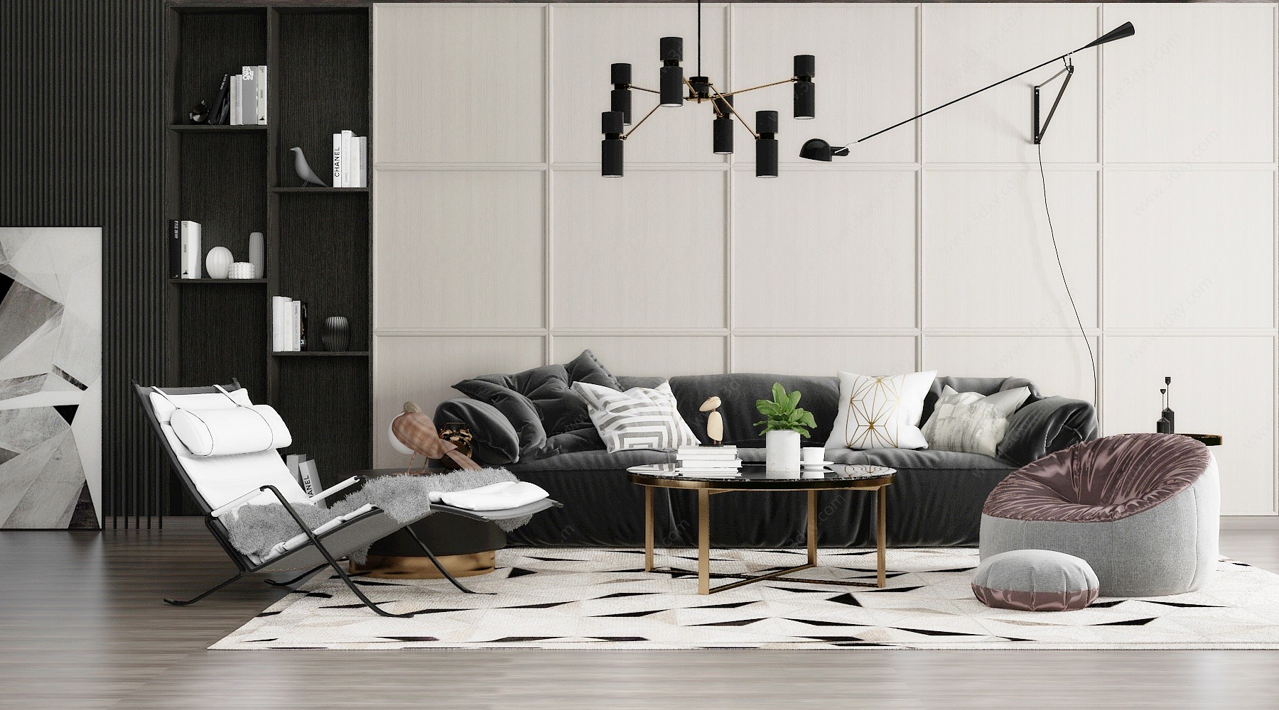 现代黑白灰风格客厅3D模型