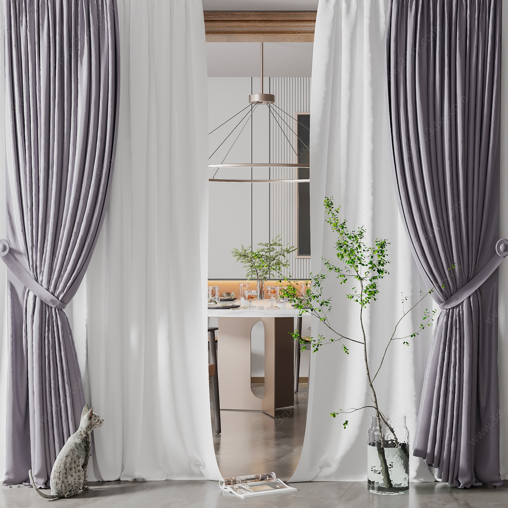 现代紫色窗帘3D模型