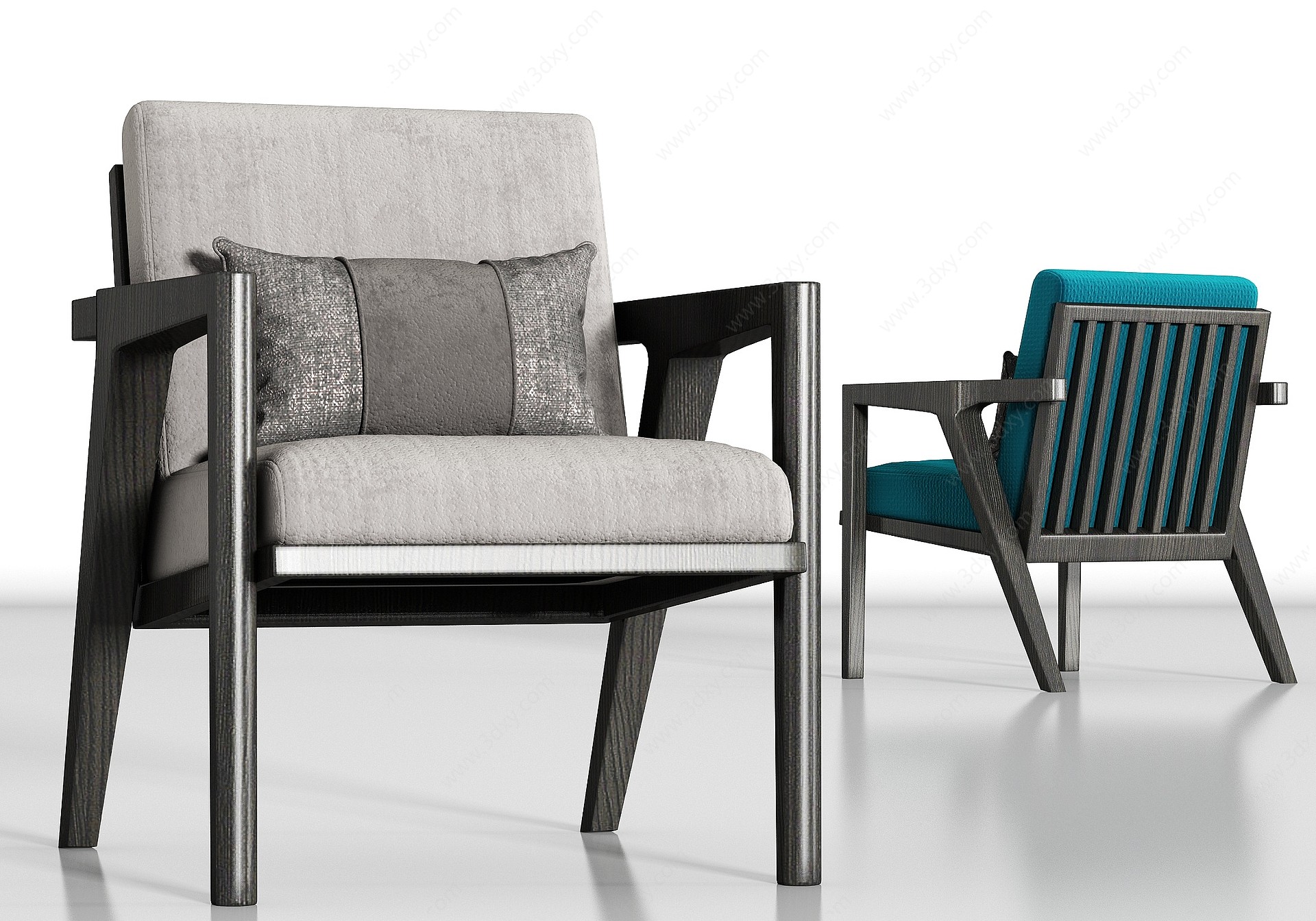 新中式实木布艺单椅组合3D模型