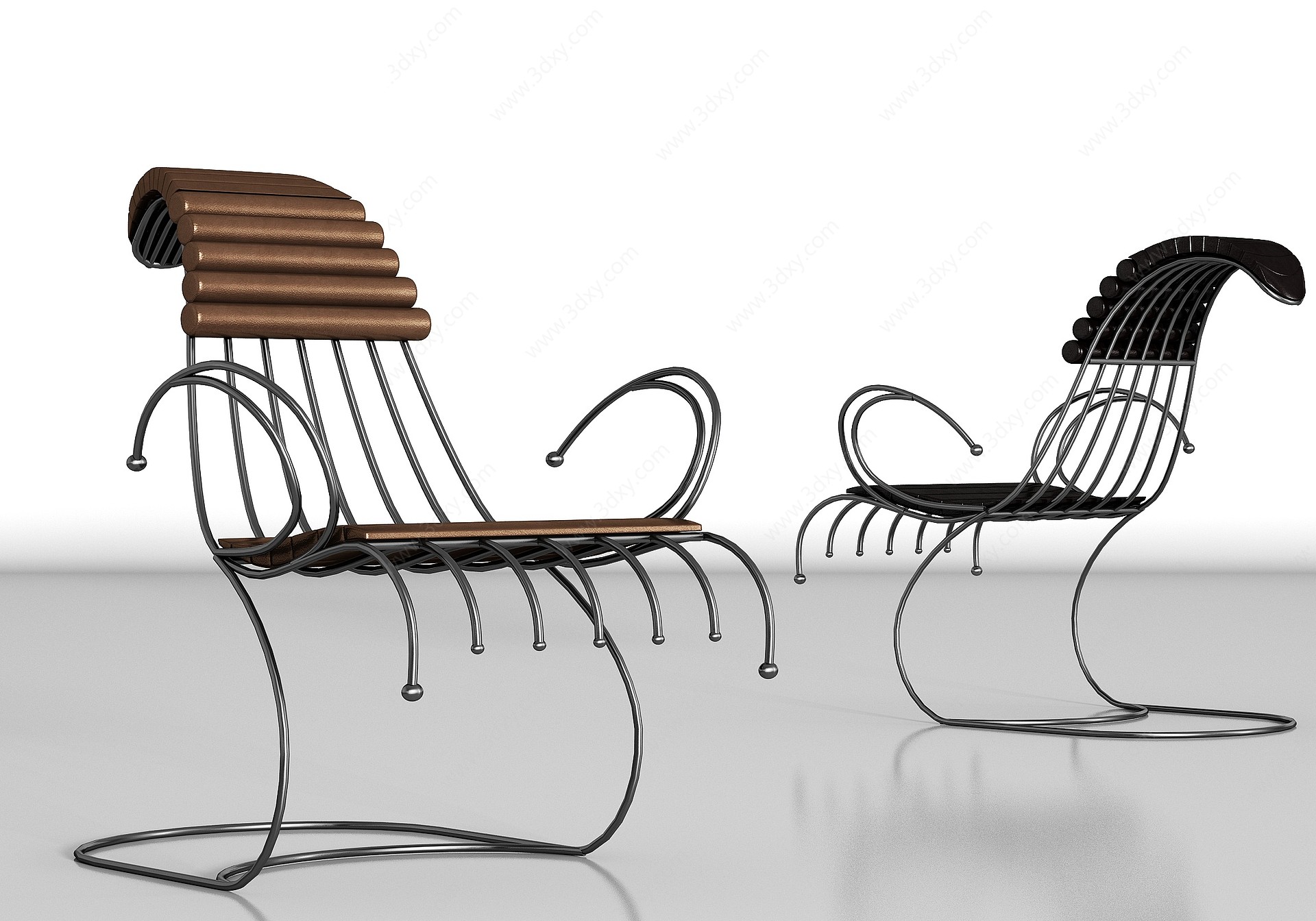 现代简约金属皮革单椅组合3D模型