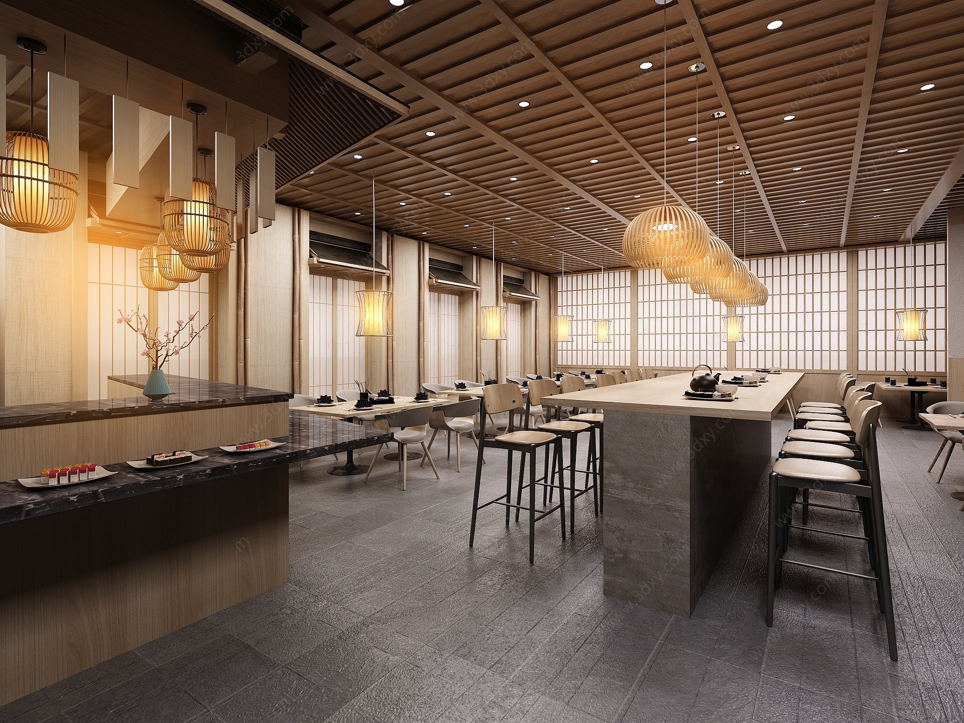 新中式餐厅厨房置物柜3D模型