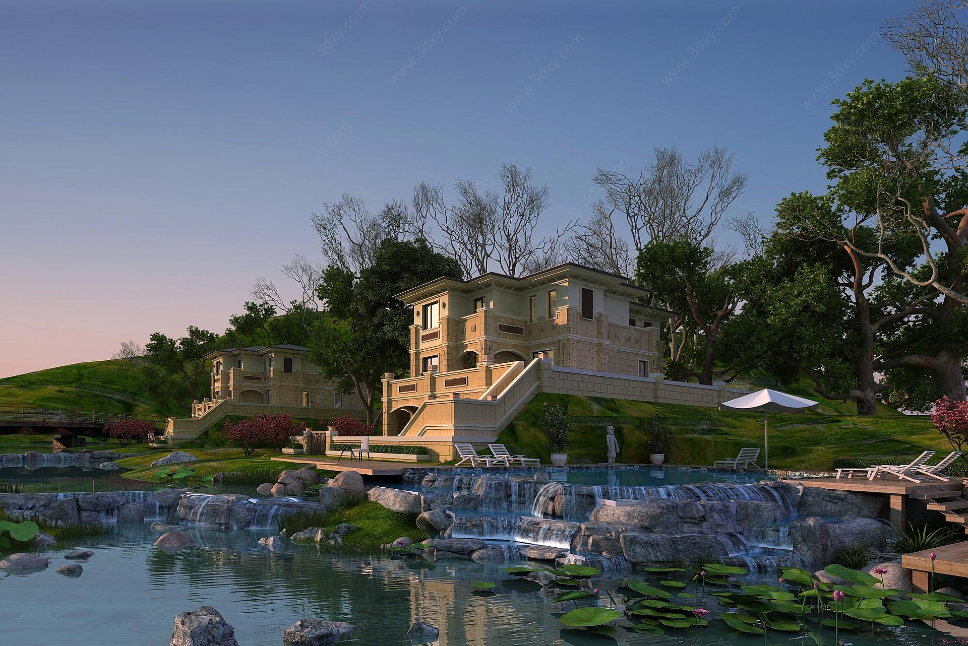 欧式古典独栋水景别墅3D模型