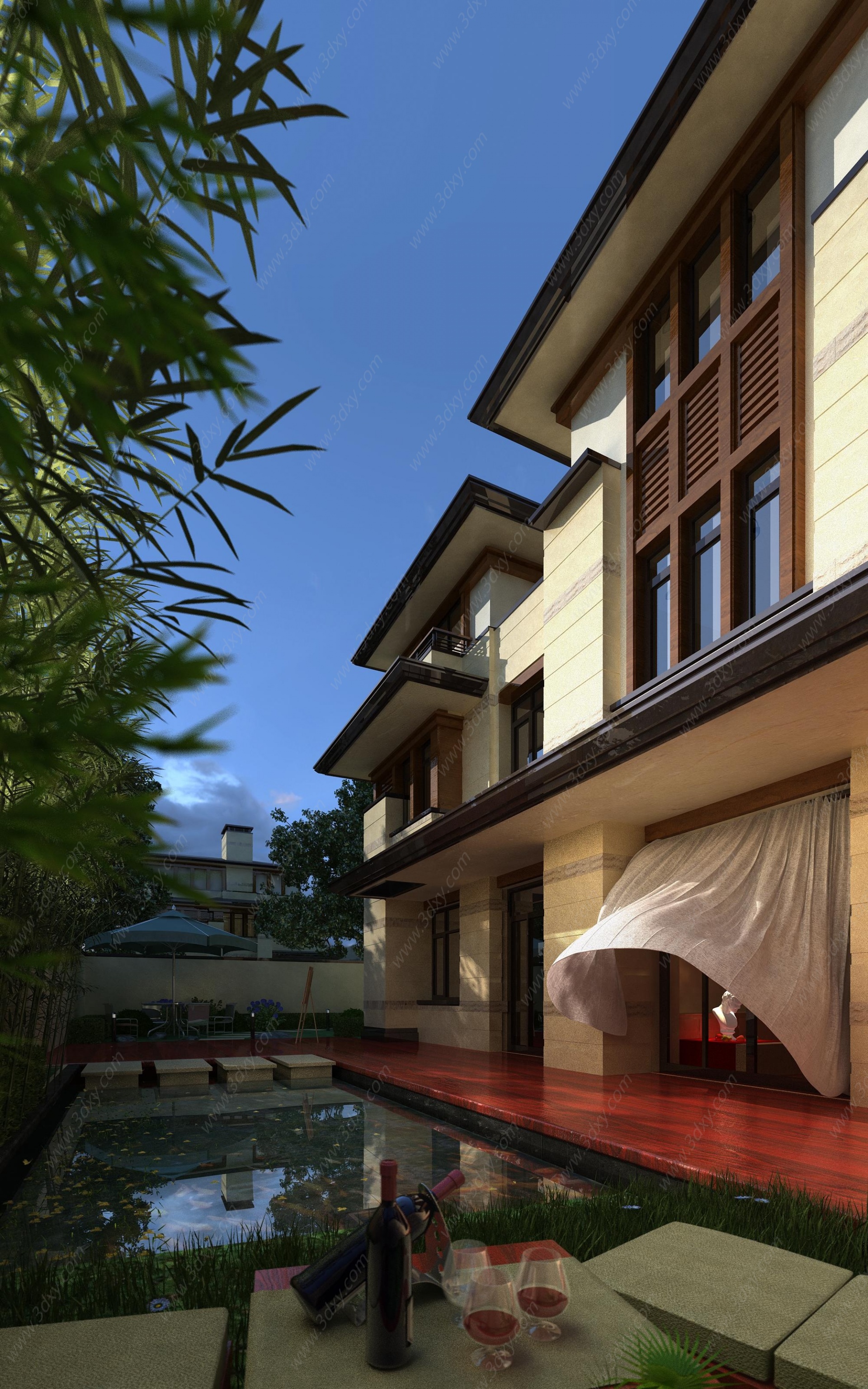 新中式新亚洲别墅庭院3D模型