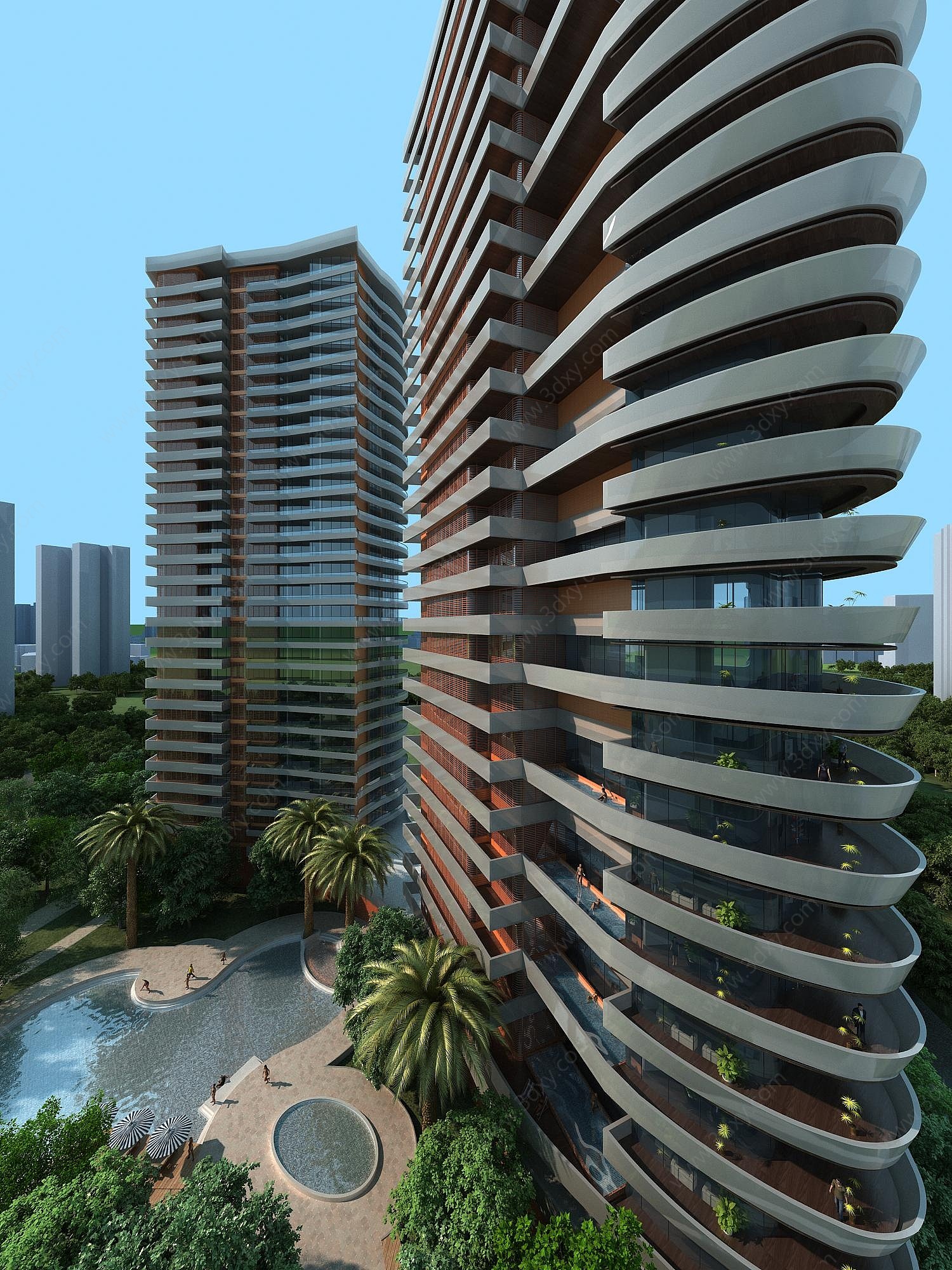 现代高层住宅小区泳池3D模型