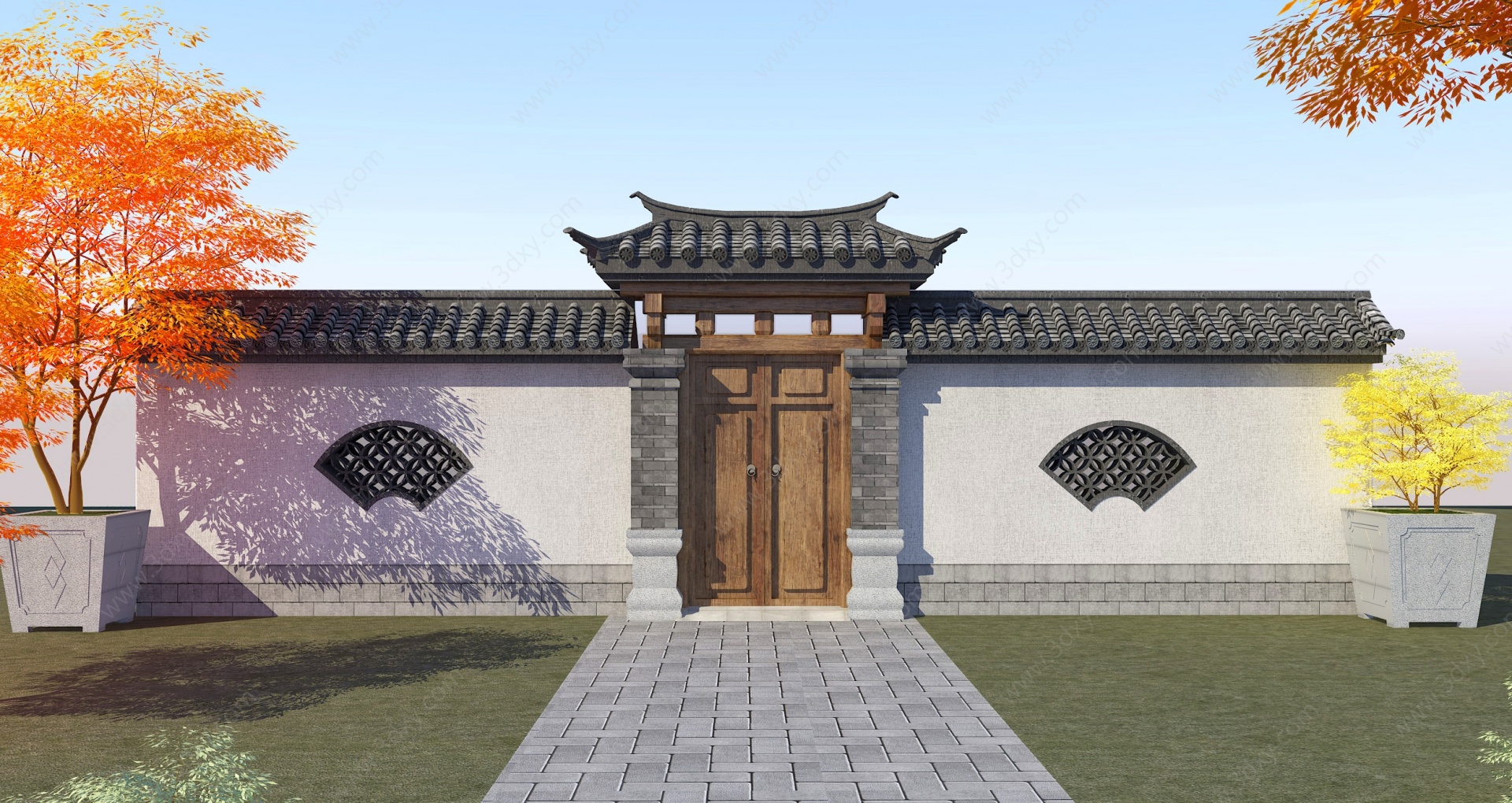 中式大门门头围墙院墙3D模型