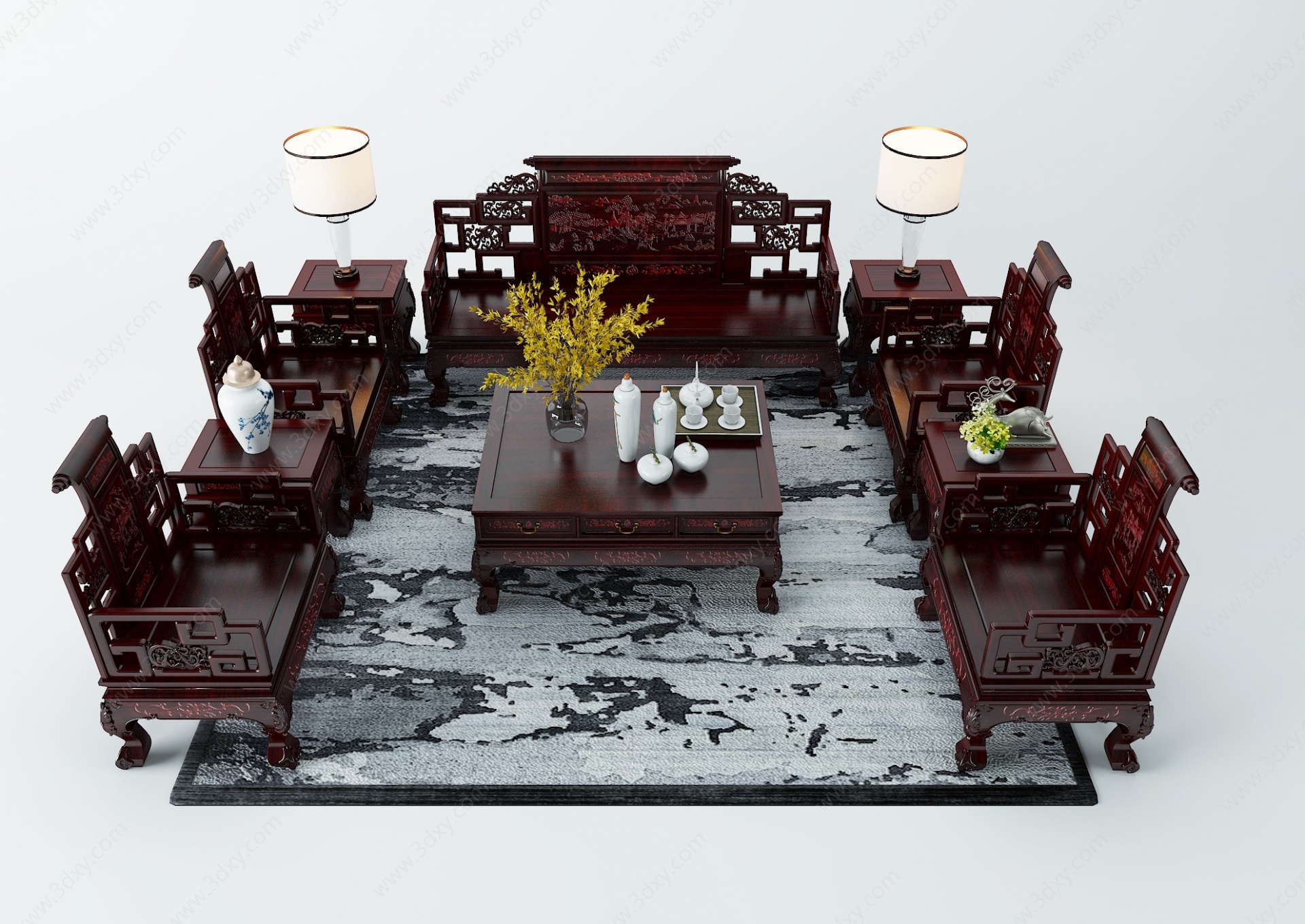 新中式古典沙发茶几组合3D模型