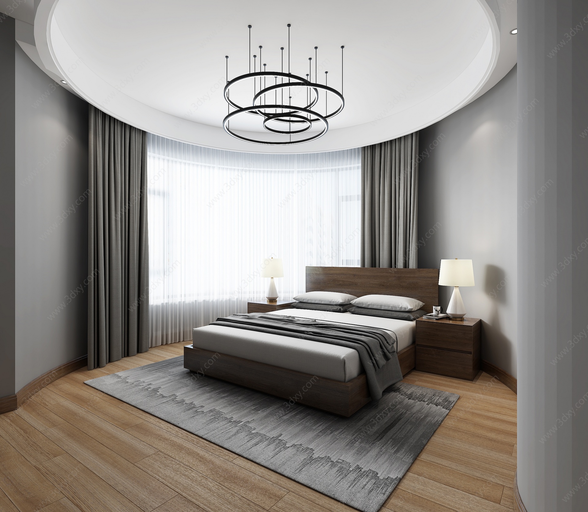 现代卧室床吊灯窗帘3D模型
