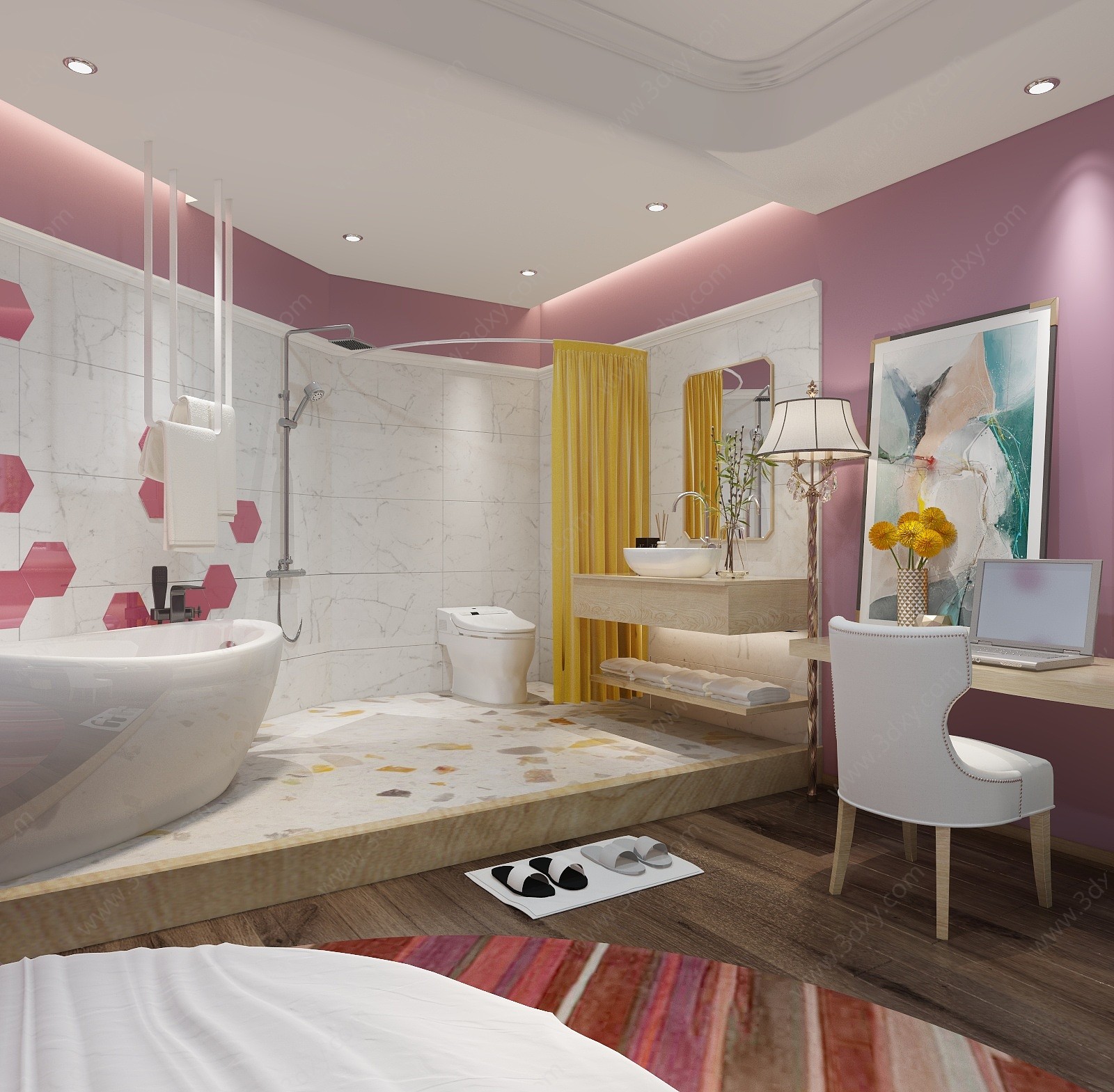 粉色主题宾馆圆床浴缸3D模型