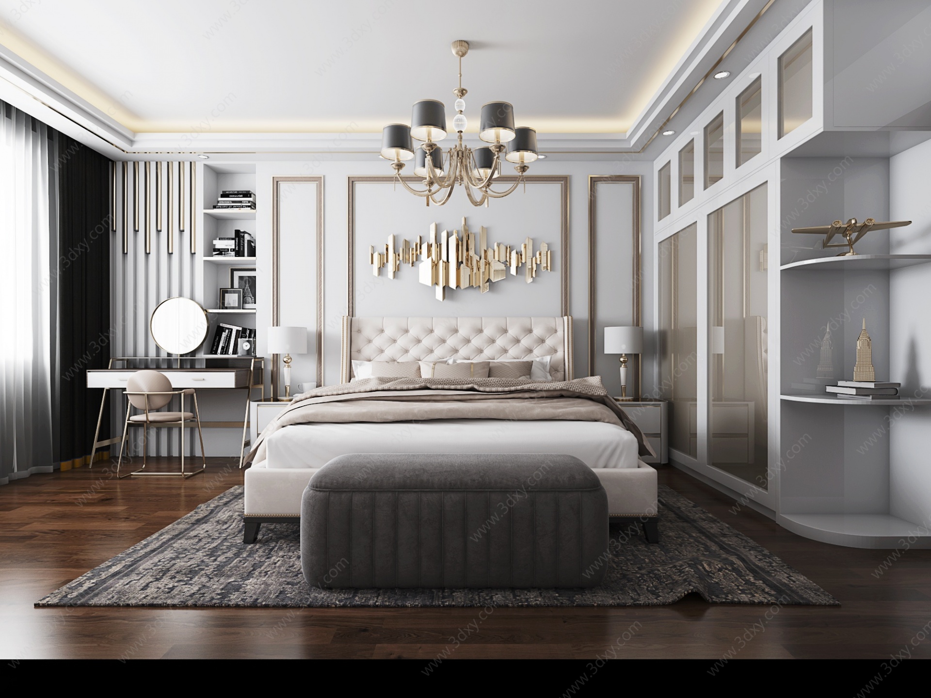 现代轻奢卧室双人床背景墙3D模型