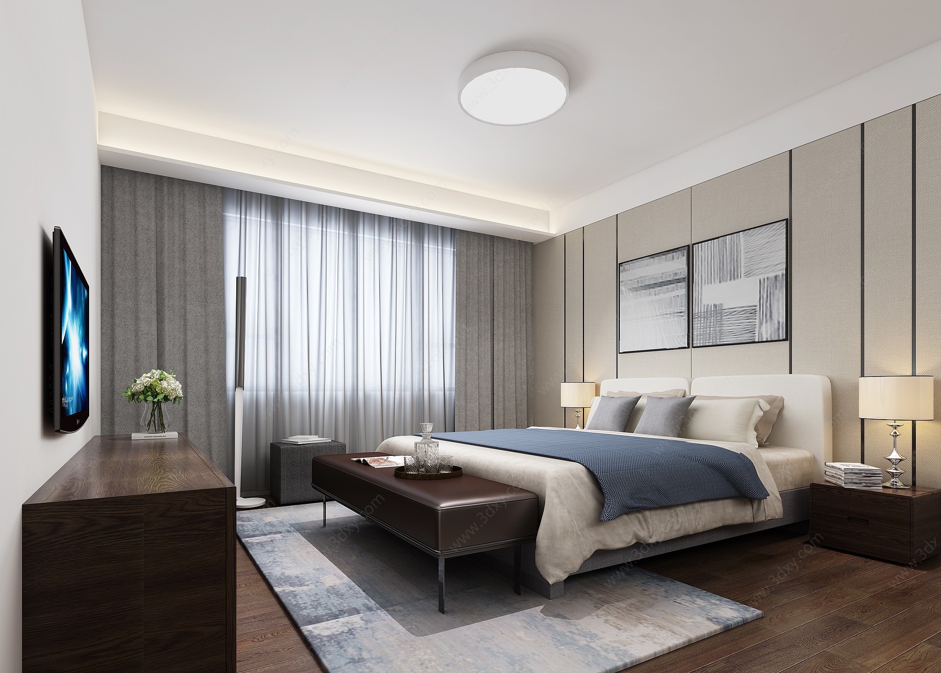 新中式现代主卧地毯宾馆3D模型