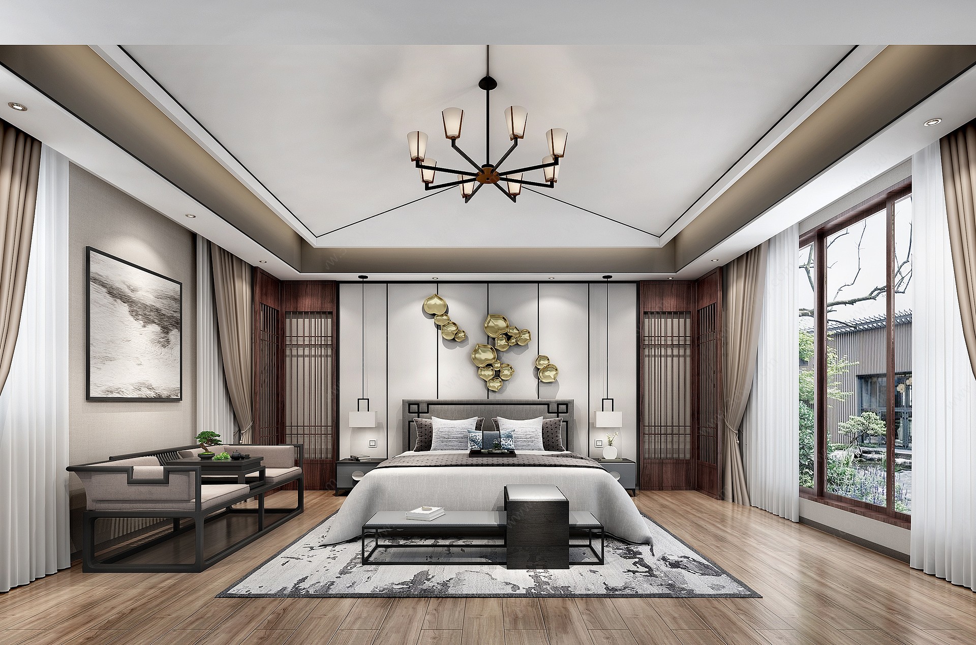 新中式别墅新中式主卧室3D模型