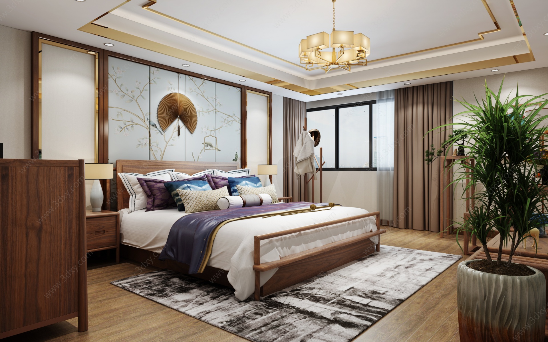 新中式卧室双人床床头柜3D模型