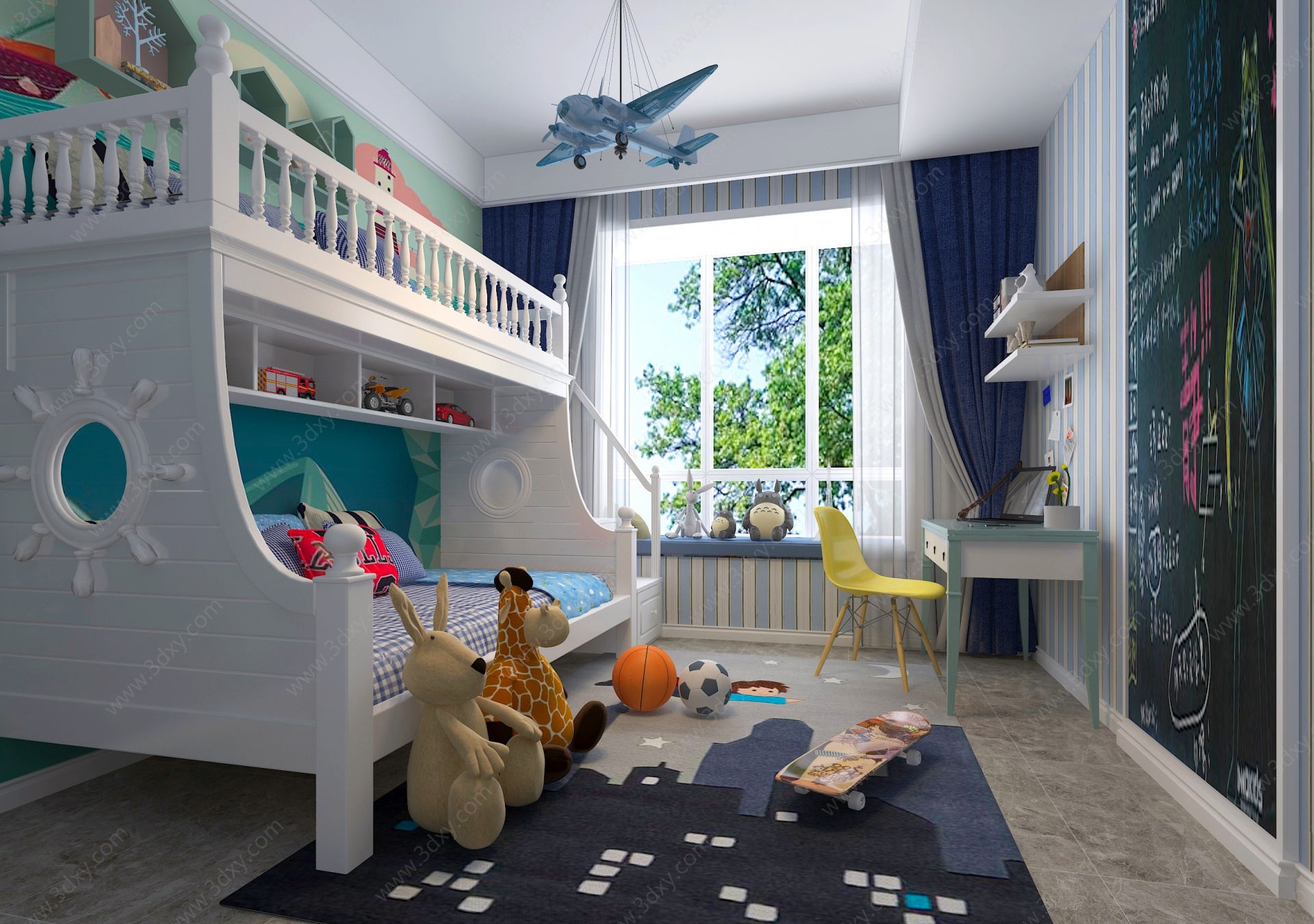现代男孩儿童房上下床3D模型