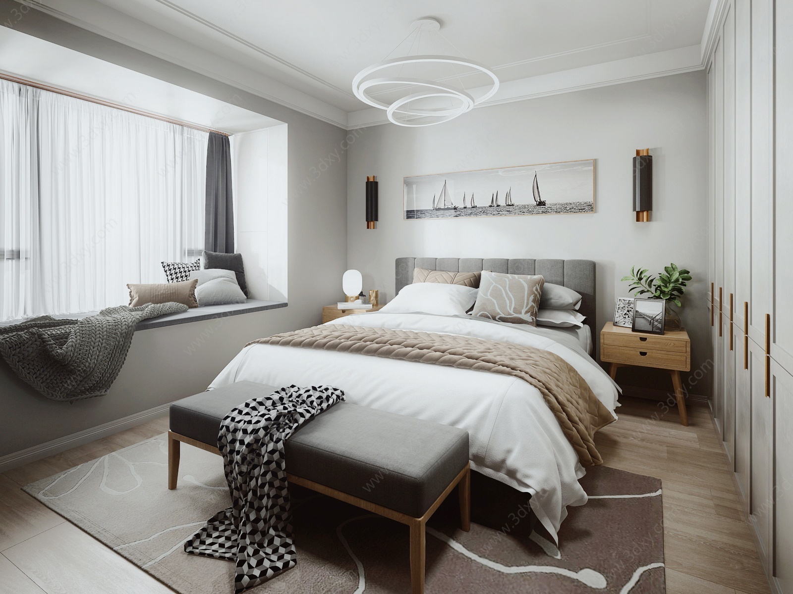 现代卧室双人床装饰摆件3D模型