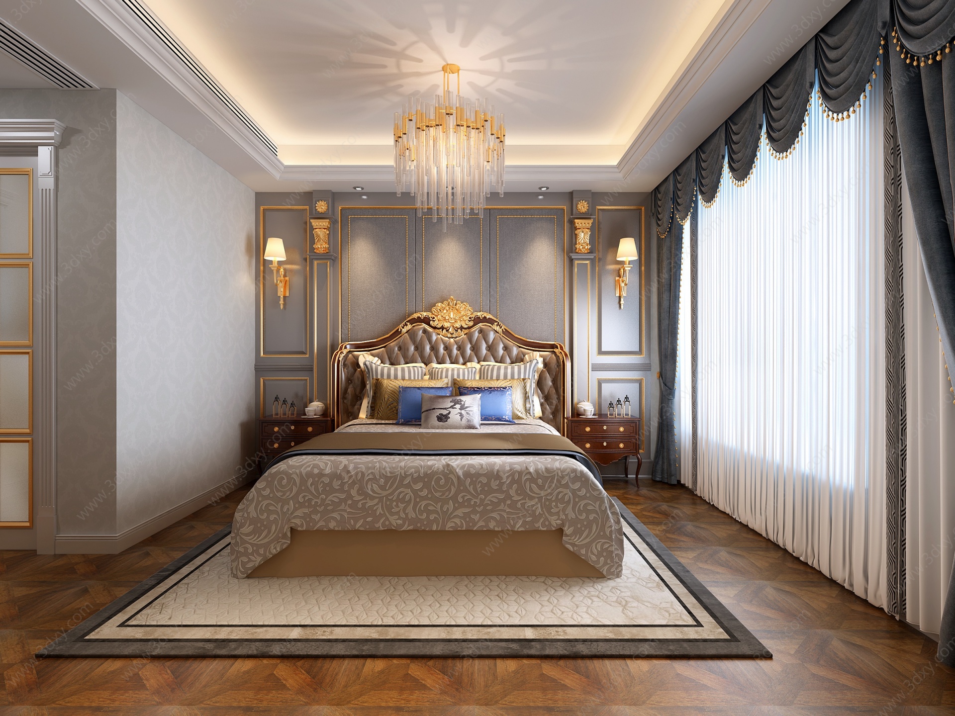 简欧古典欧式床窗帘背景墙3D模型