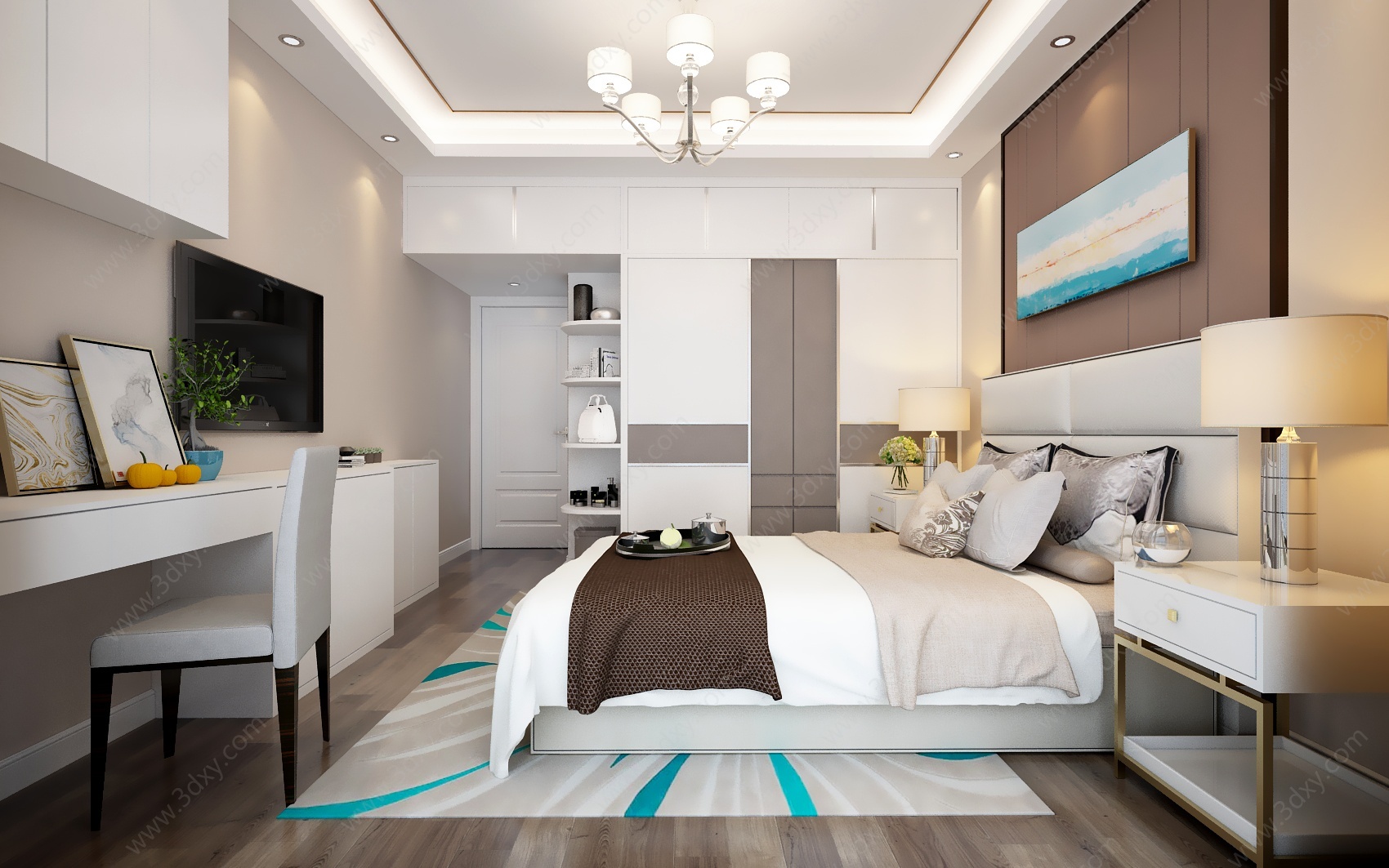现代卧室床窗帘衣柜3D模型
