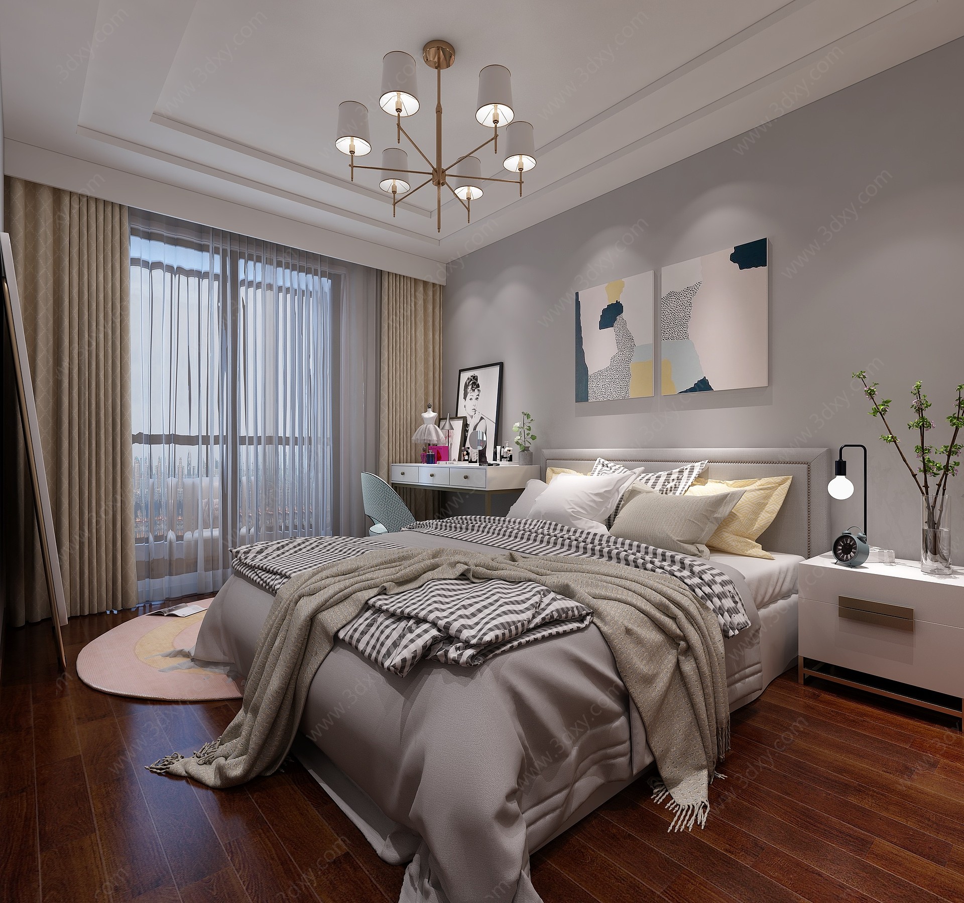 现代卧室吊灯装饰画双人床3D模型