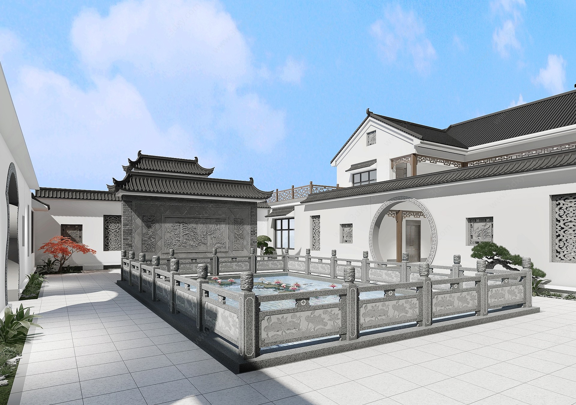 新中式徽派建筑庭院3D模型