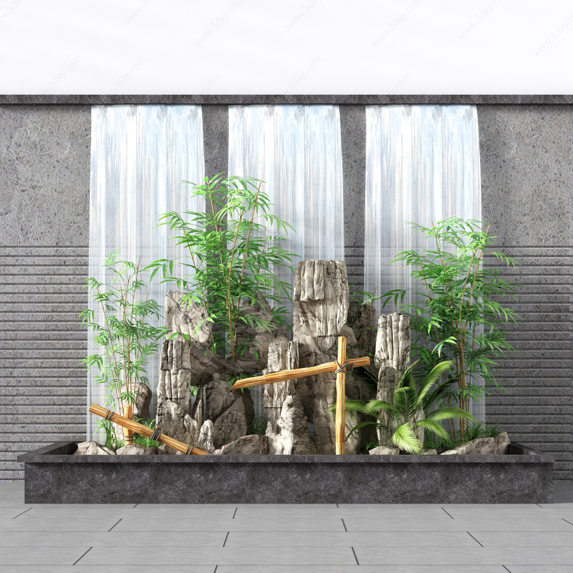 新中式假山流水竹子3D模型