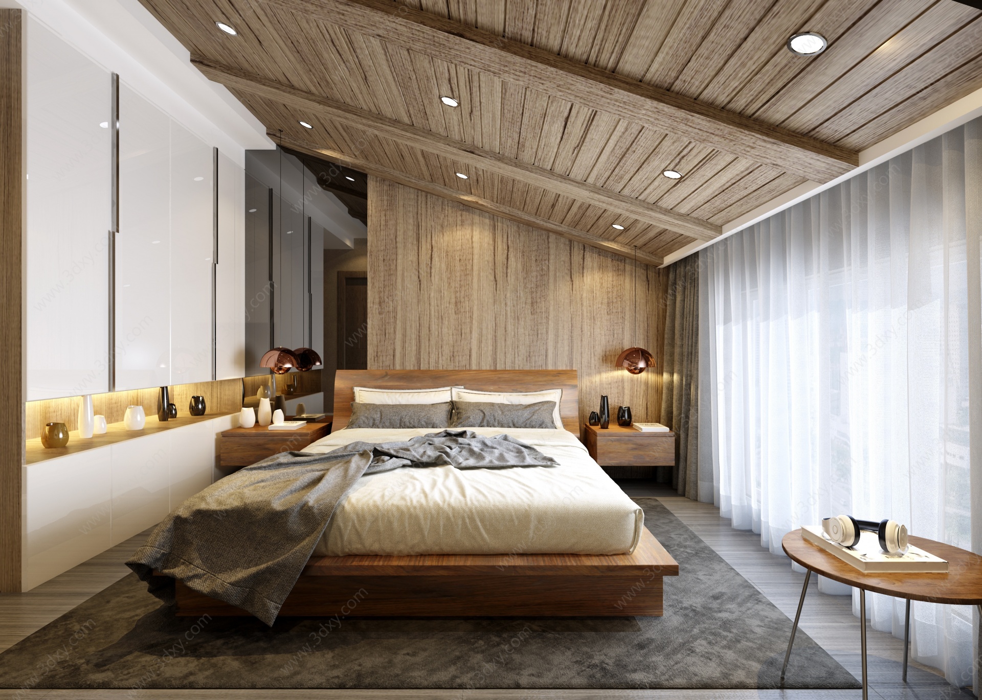 现代沙发茶几床头吊灯窗帘3D模型