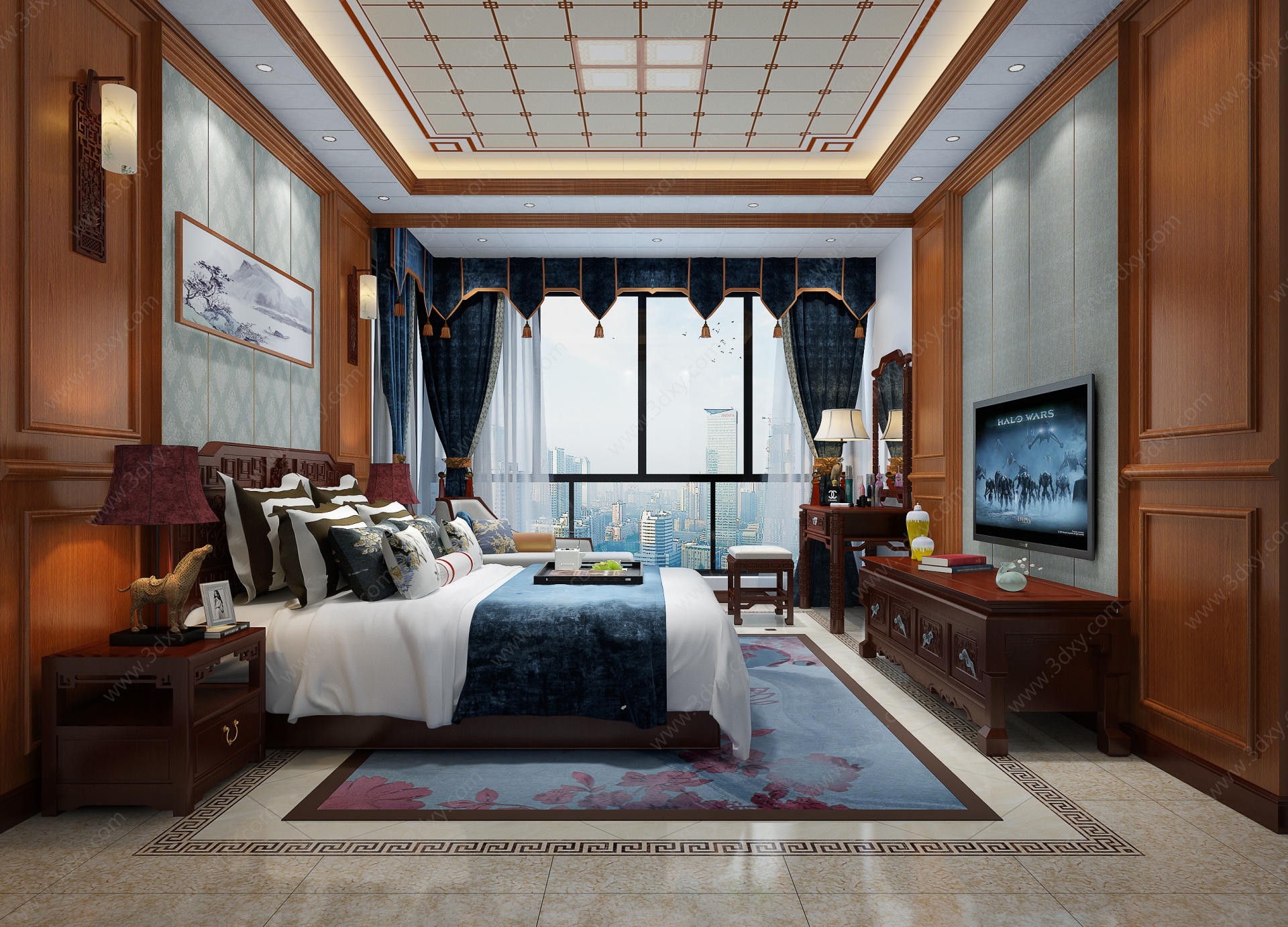 中式卧室双人床床头柜3D模型