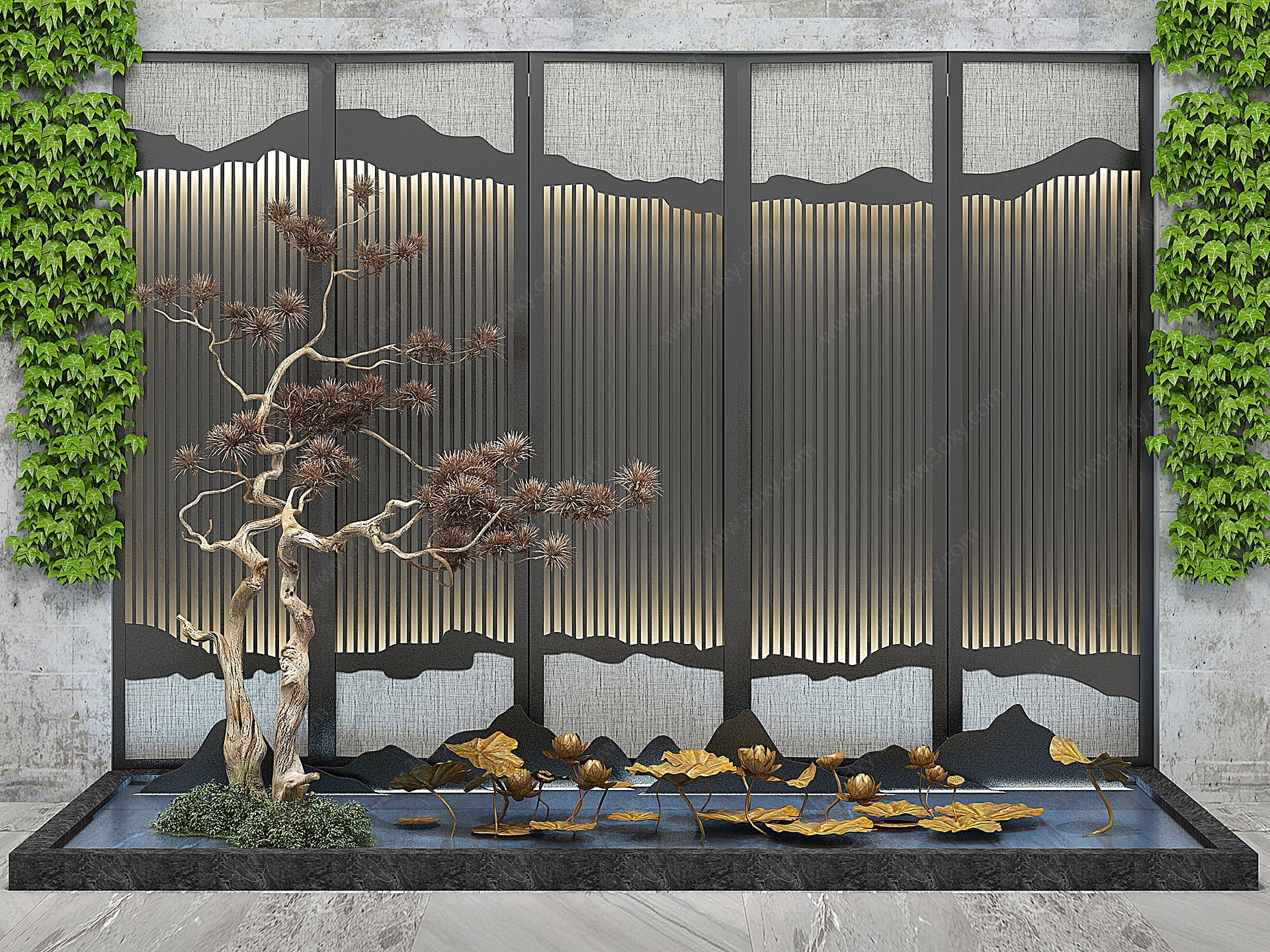 新中式园艺景观假山松树3D模型
