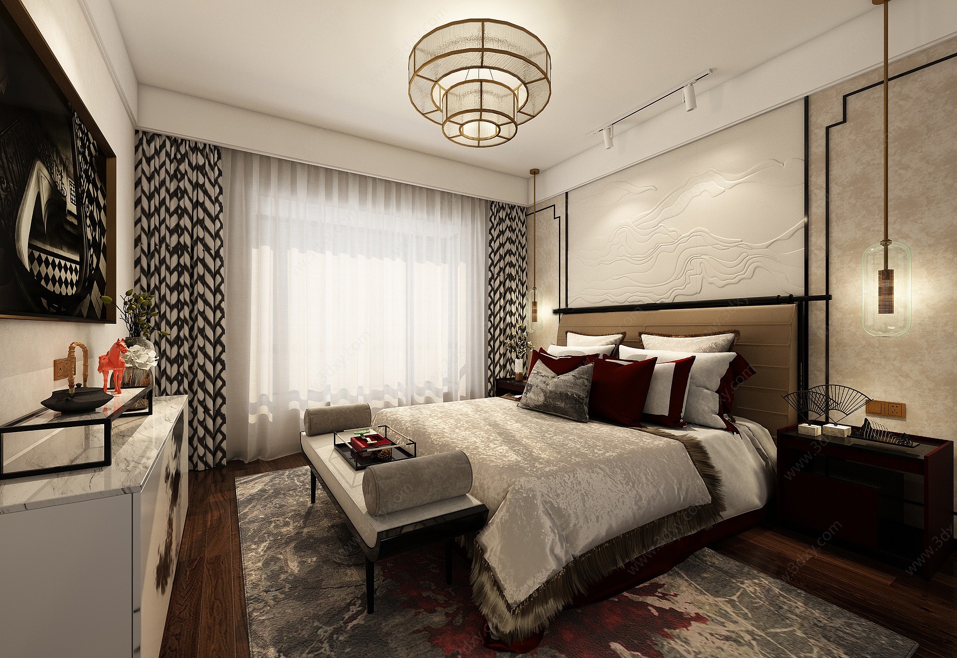 新中式轻奢卧室床床头柜3D模型