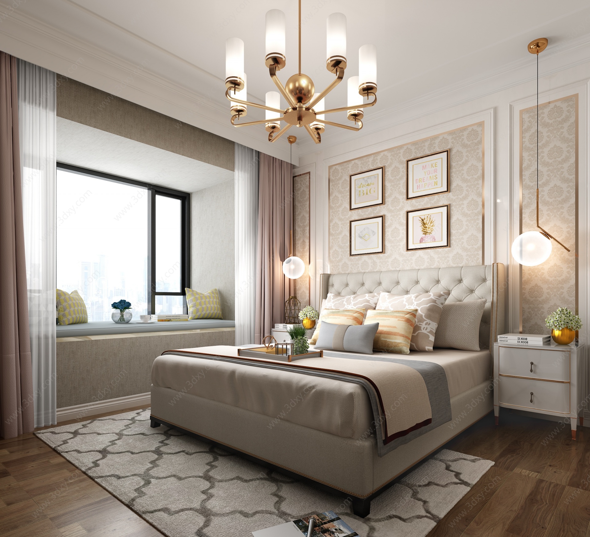 现代美式卧室床窗帘3D模型