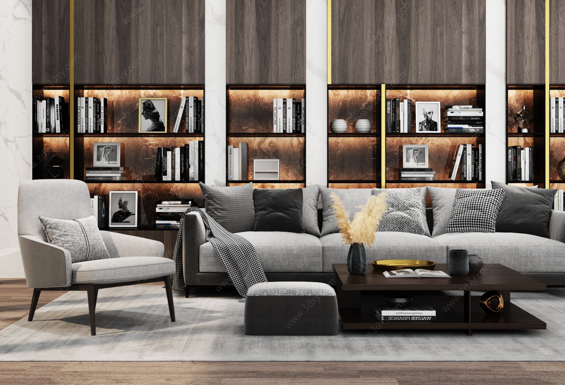 现代客厅沙发书柜3D模型
