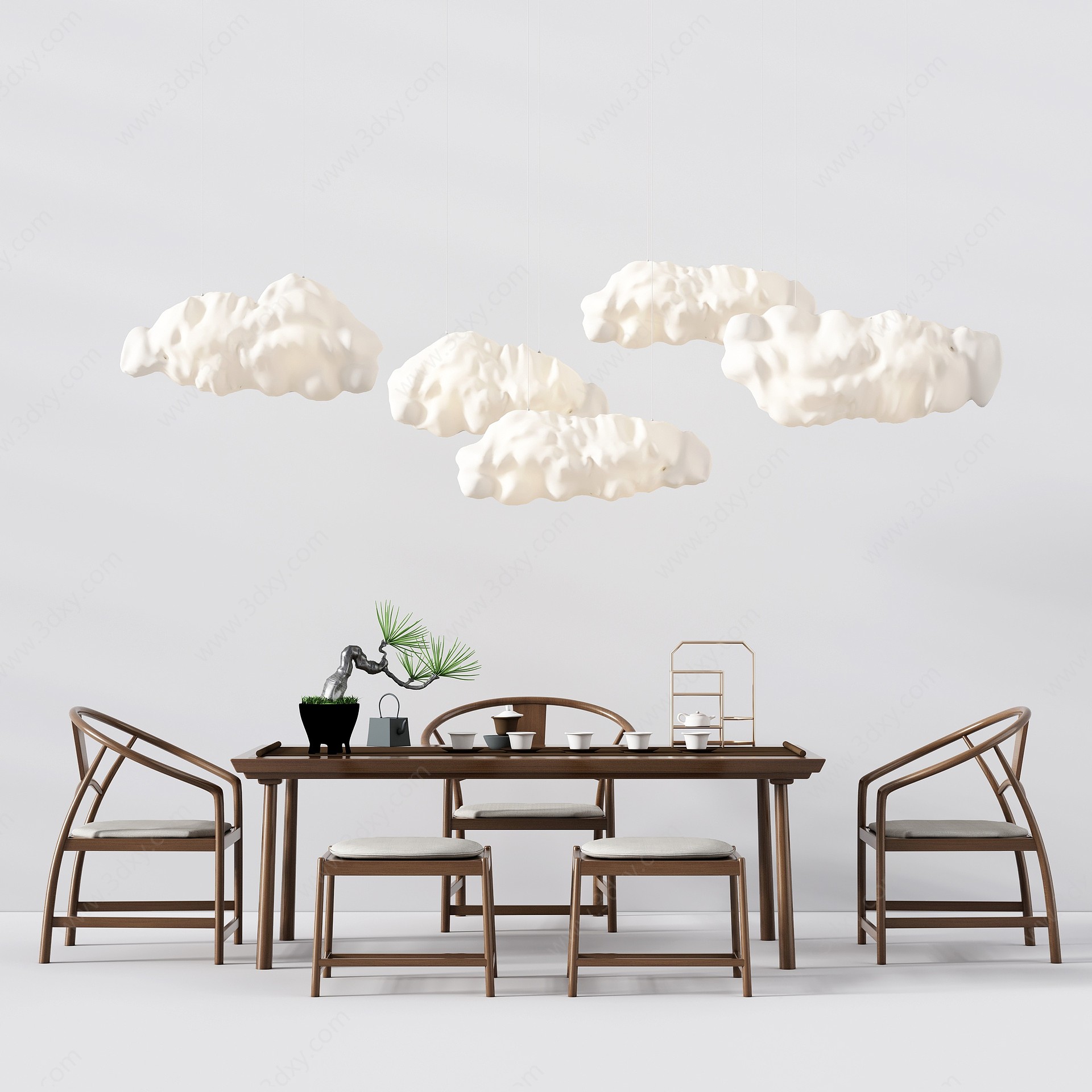 新中式茶桌椅云吊灯3D模型