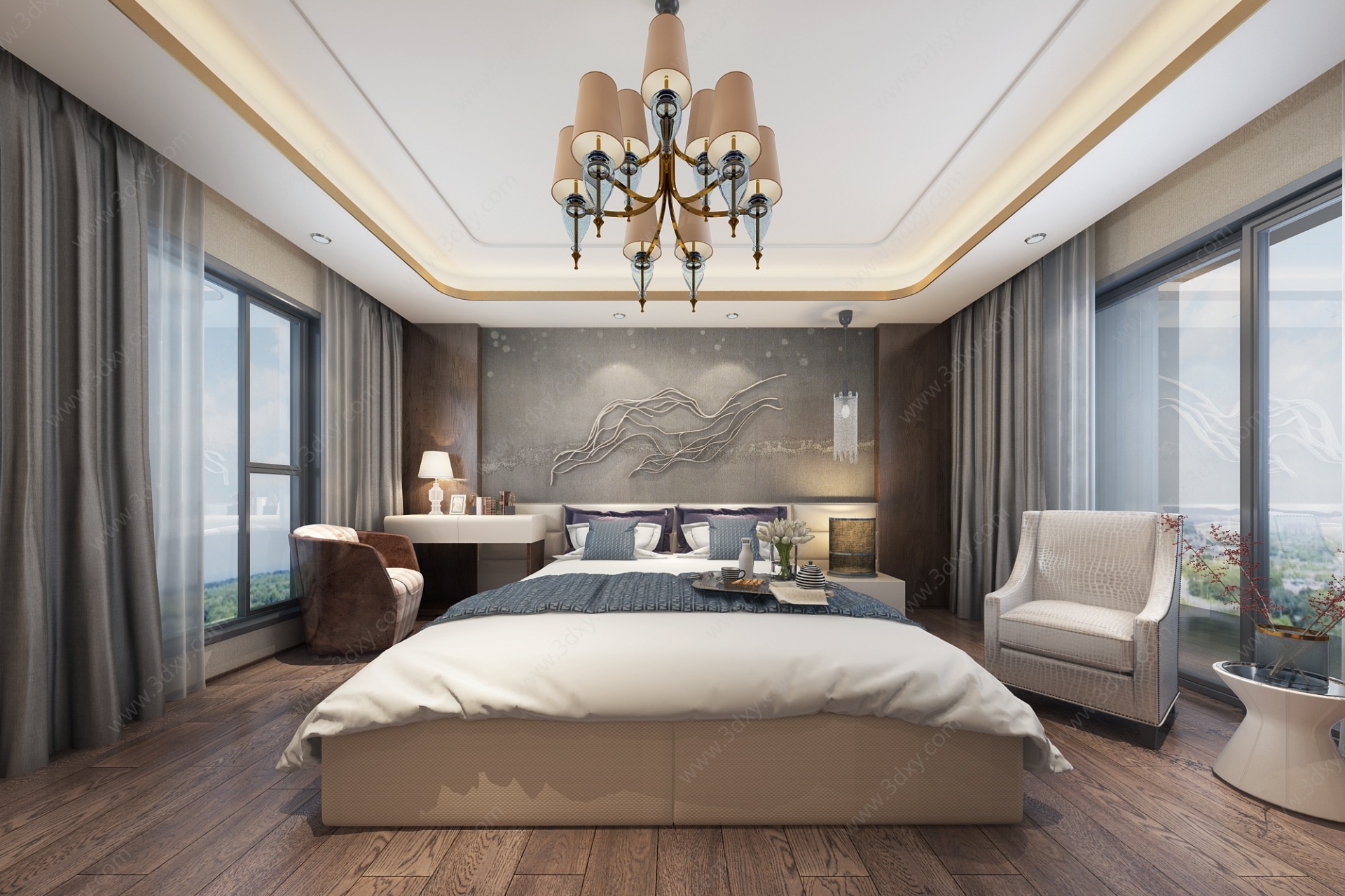 新中式轻奢卧室双人床3D模型